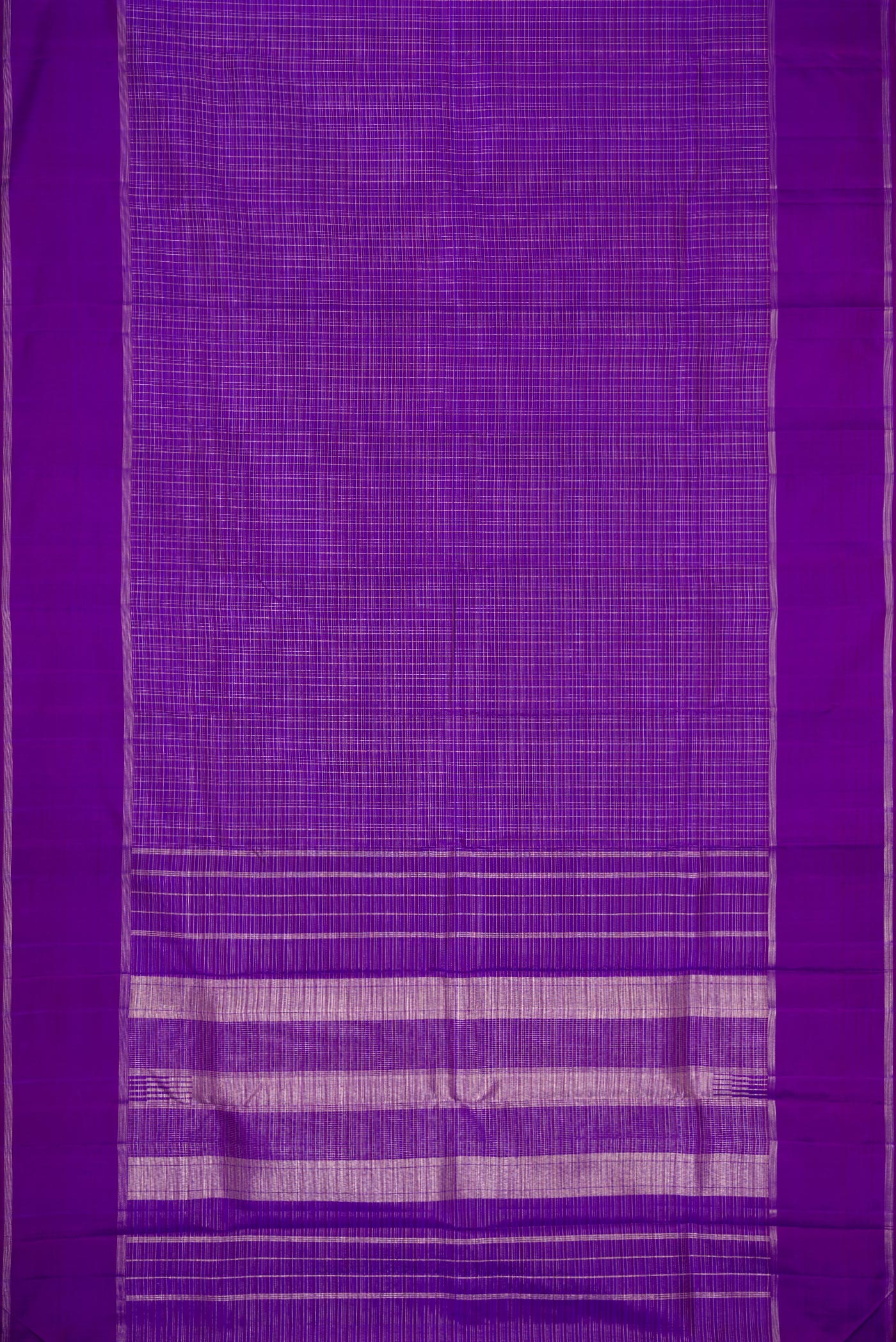 Flat view of Royal Blue Dual Tone Kanchipuram Silk Saree with Checked design on the body and Zari Border. 