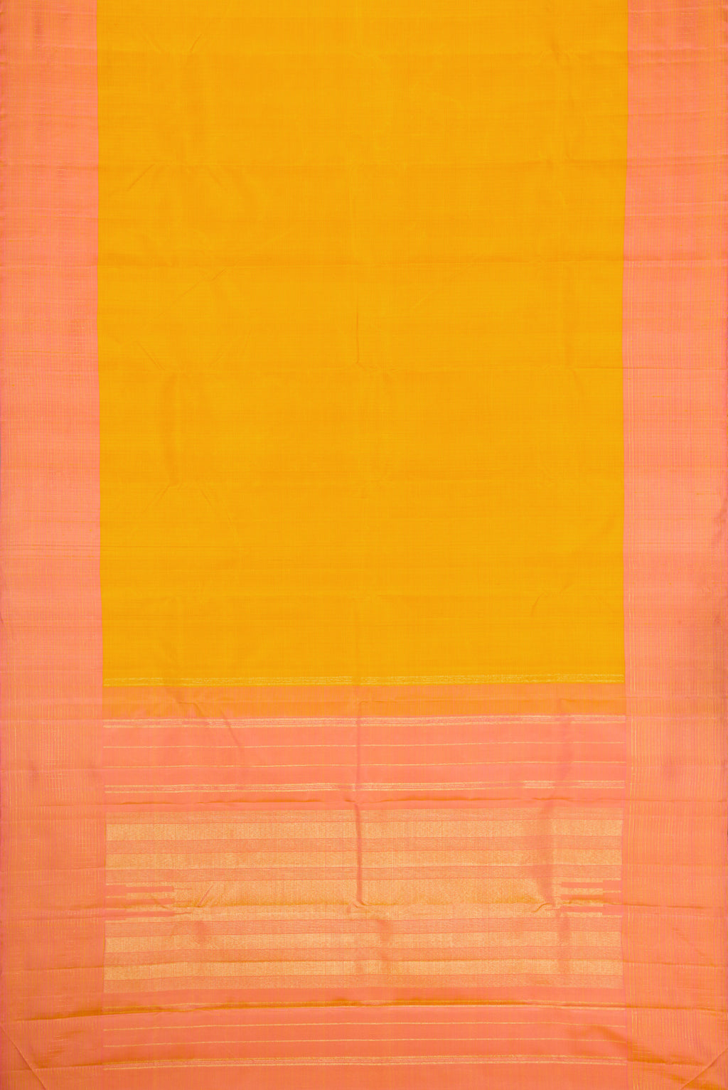 Flat view of Mustard Dual Tone Kanjivaram Silk Saree with Stripes on the body and Zari Border. 