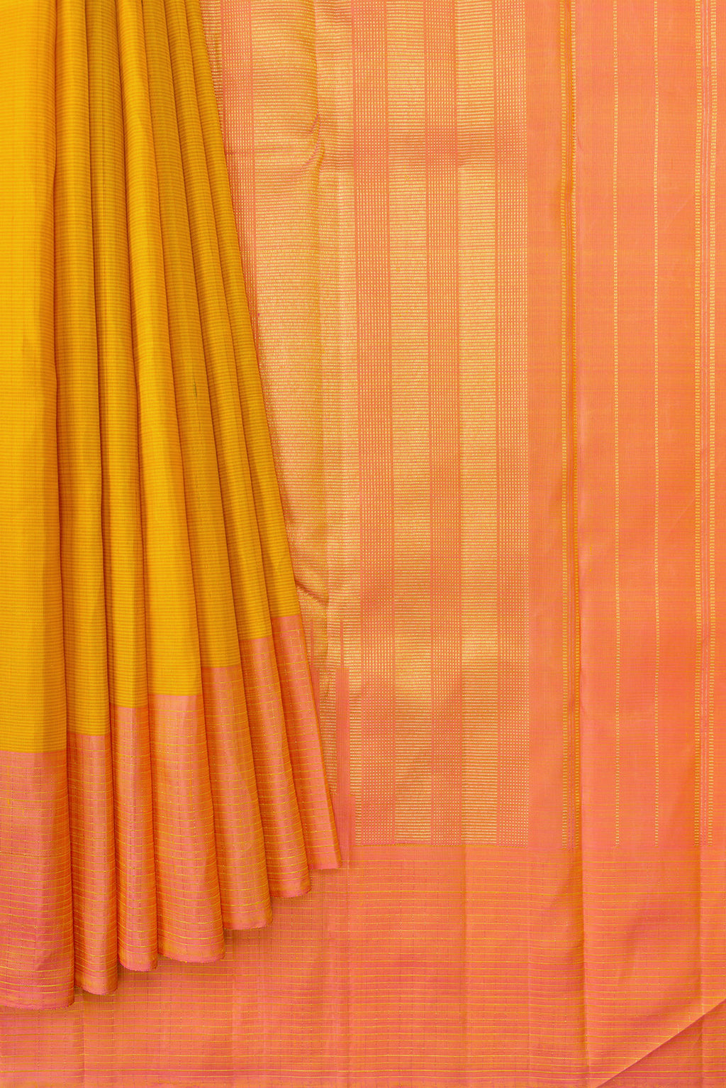 Pleats and pallu of Mustard Dual Tone Kanjivaram Silk Saree with Stripes on the body and Zari Border. 