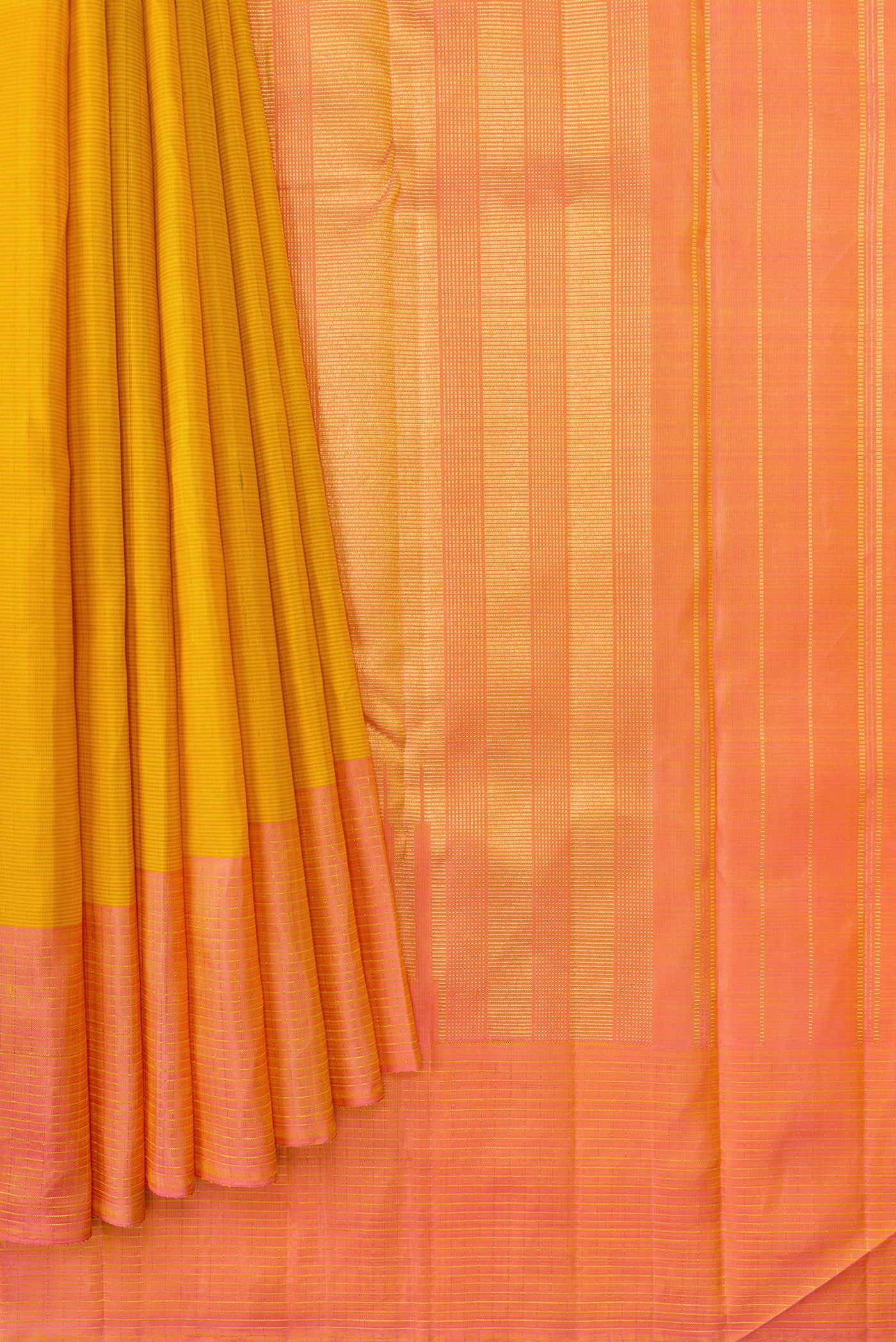 Pleats and pallu of Mustard Dual Tone Kanjivaram Silk Saree with Stripes on the body and Zari Border. 