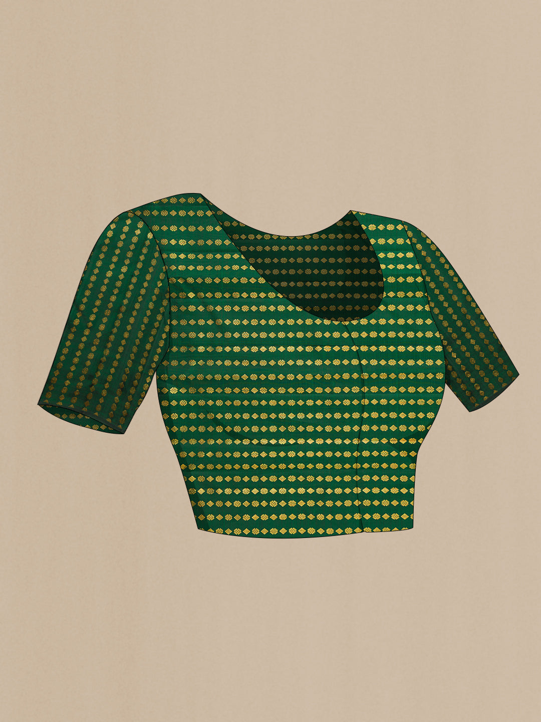 Close up image of the blouse of Green Dual Tone Kanjivaram Silk Saree with Stripes on the body and Without Border. 