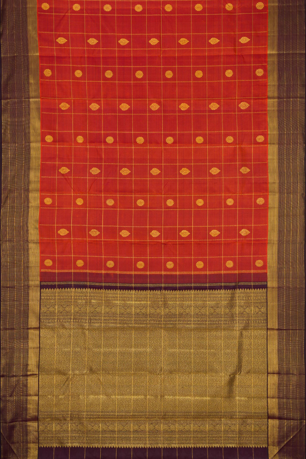 Flat view of Brick Orange Dual Tone Kanjivaram Silk Saree with Checked design on the body and Zari Border. 