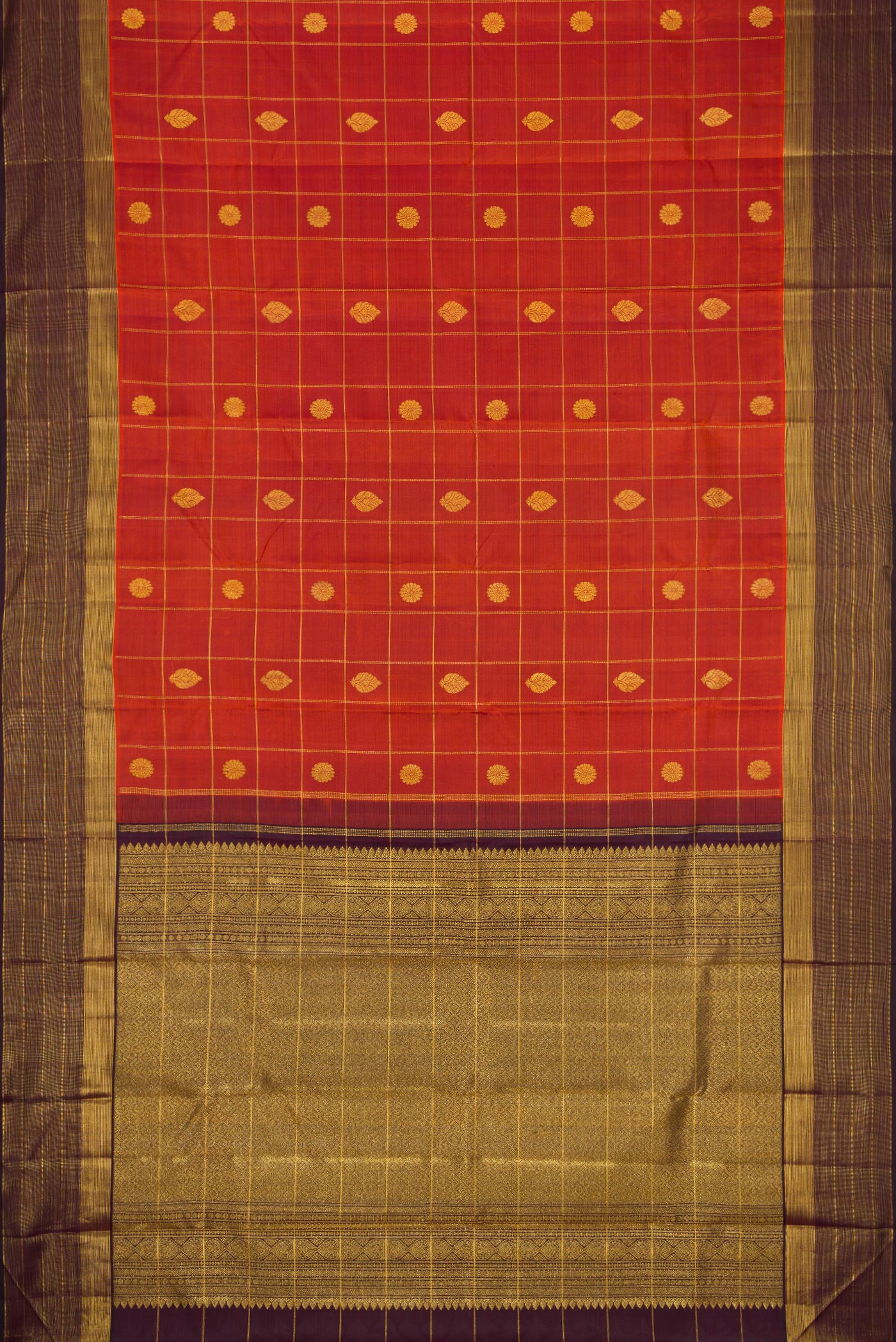 Flat view of Brick Orange Dual Tone Kanjivaram Silk Saree with Checked design on the body and Zari Border. 