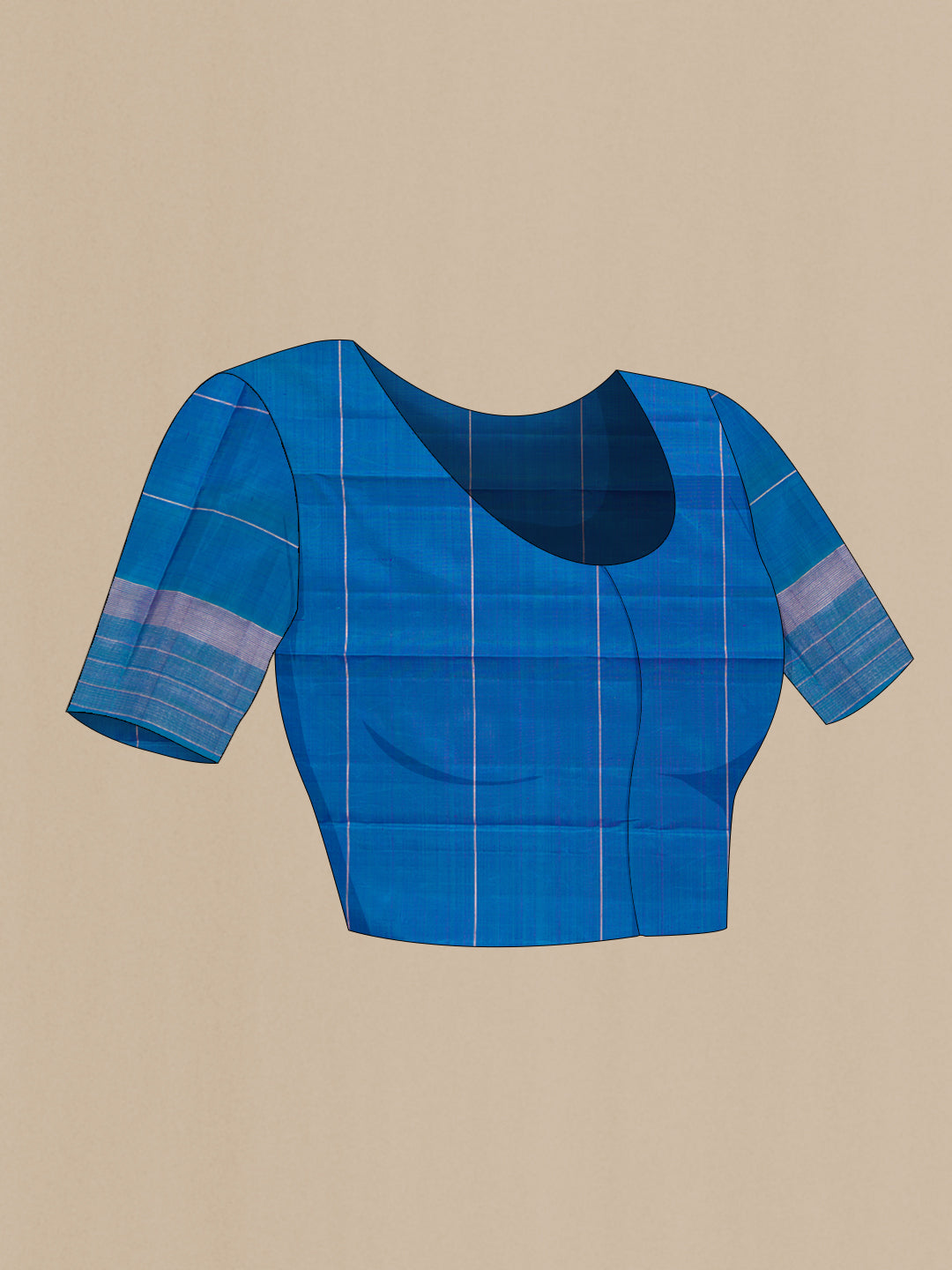 Close up image of the blouse of Royal Blue Dual Tone Kanjivaram Silk Saree with Checked design on the body and Zari Border. 