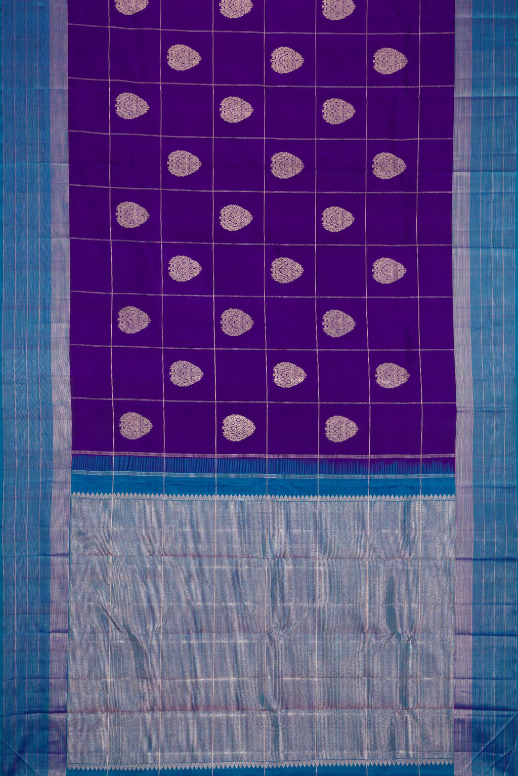 Flat view of Royal Blue Dual Tone Kanjivaram Silk Saree with Checked design on the body and Zari Border. 