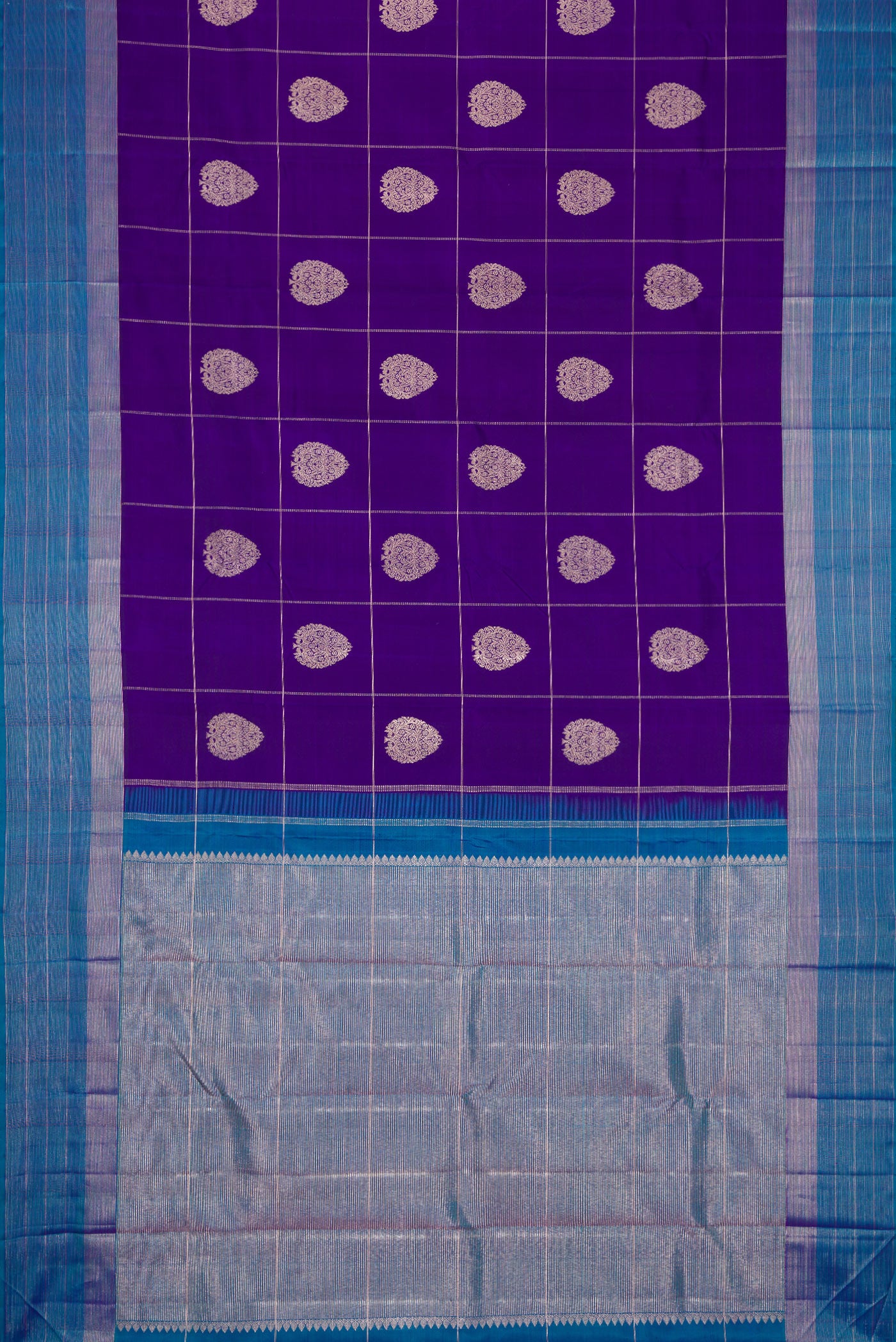 Flat view of Royal Blue Dual Tone Kanjivaram Silk Saree with Checked design on the body and Zari Border. 
