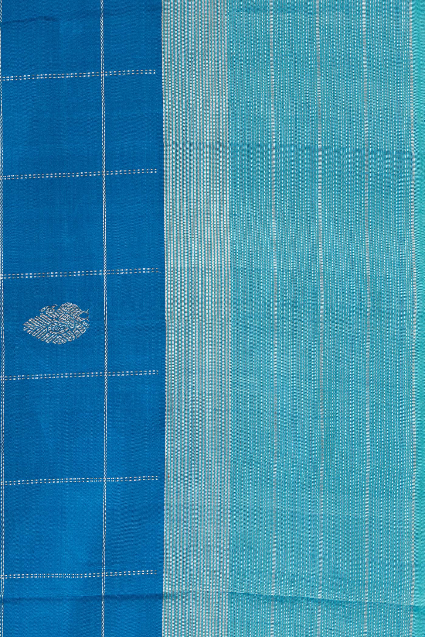 Border image of Peacock Blue Dual Tone Kanjivaram Silk Saree with Checked design on the body and Zari Border. 
