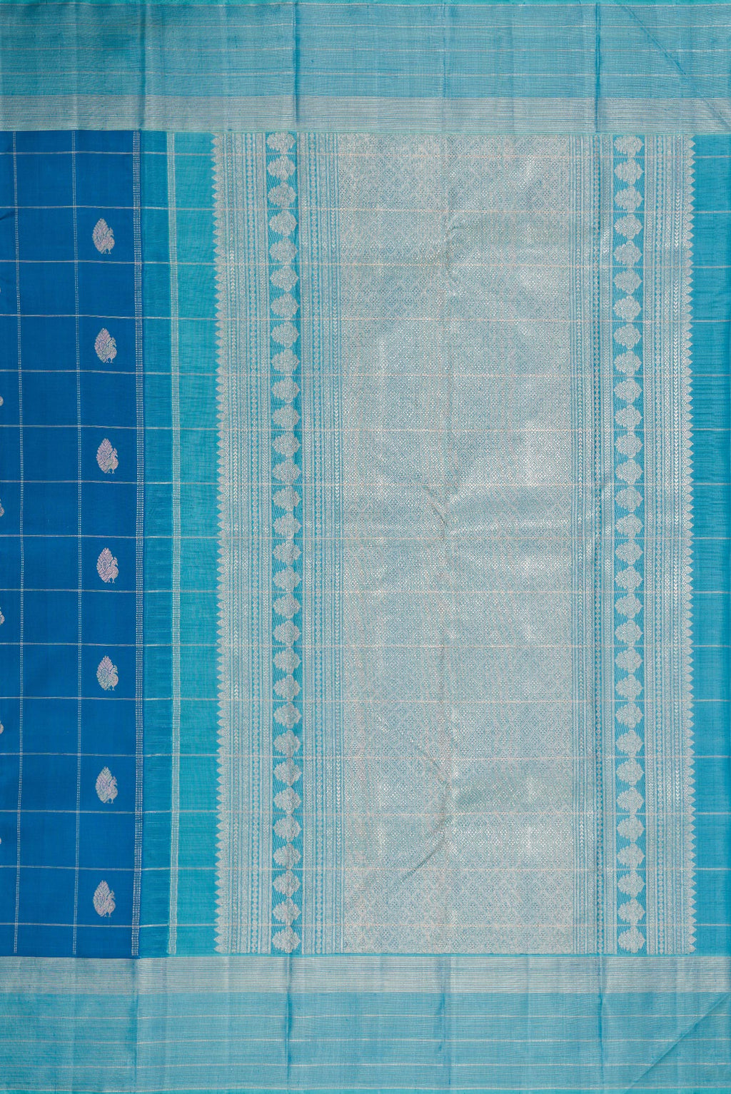 Close up image of the pallu of Peacock Blue Dual Tone Kanjivaram Silk Saree with Checked design on the body and Zari Border. 