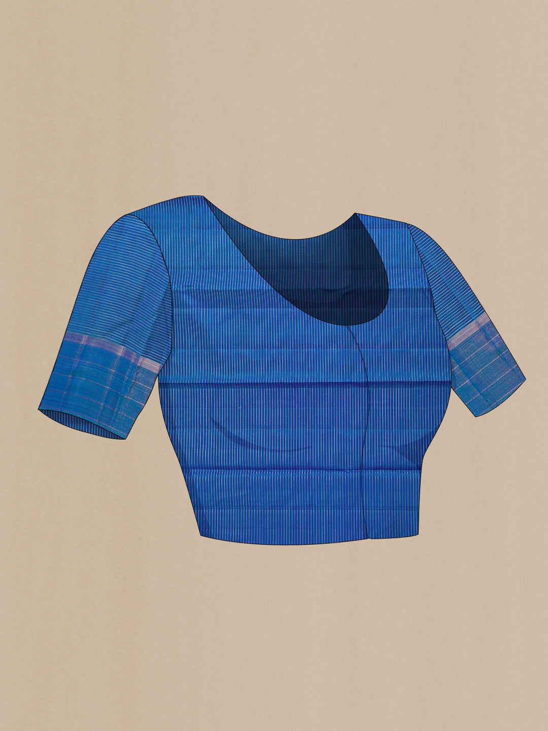 Close up image of the blouse of Violet Kanjivaram Silk Saree with Stripes on the body and Zari Border. 
