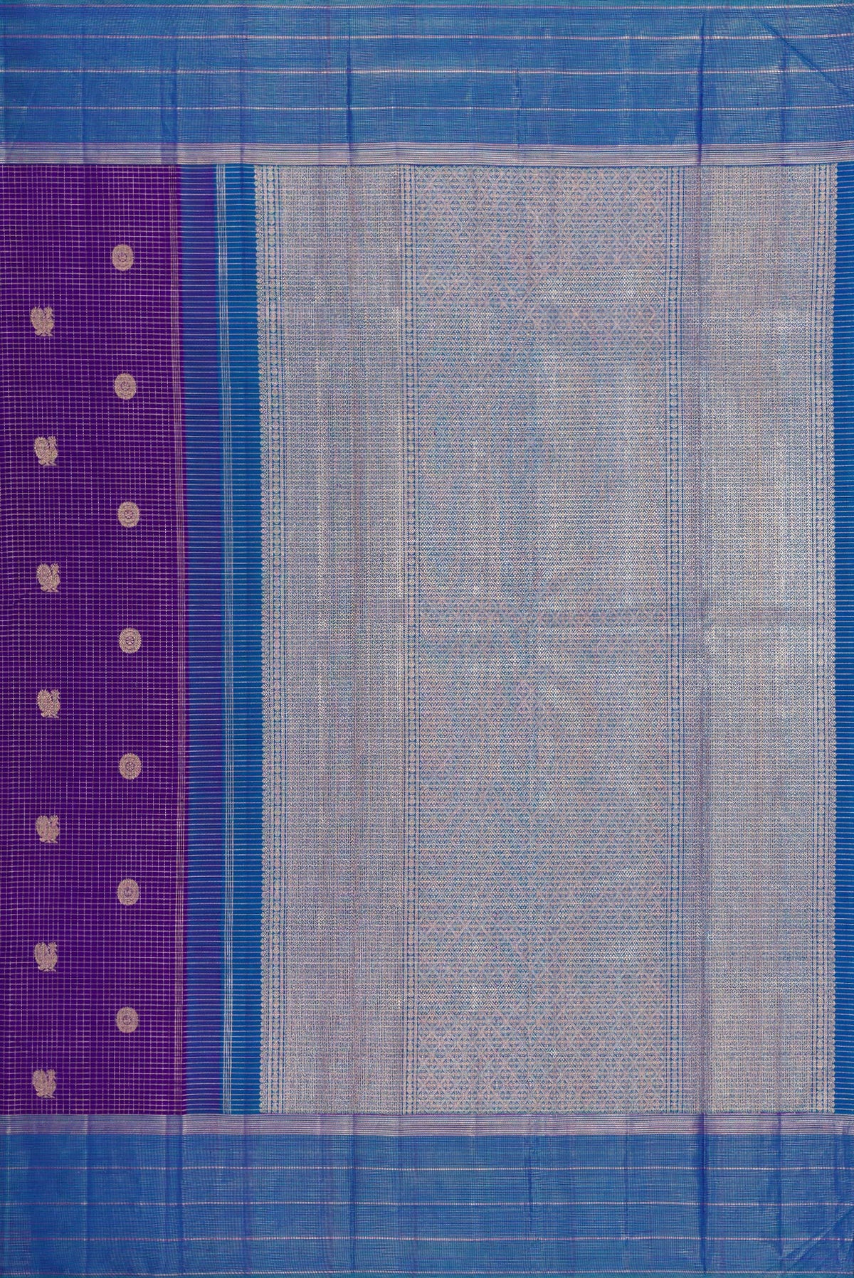 Close up image of the pallu of Violet Kanjivaram Silk Saree with Stripes on the body and Zari Border. 
