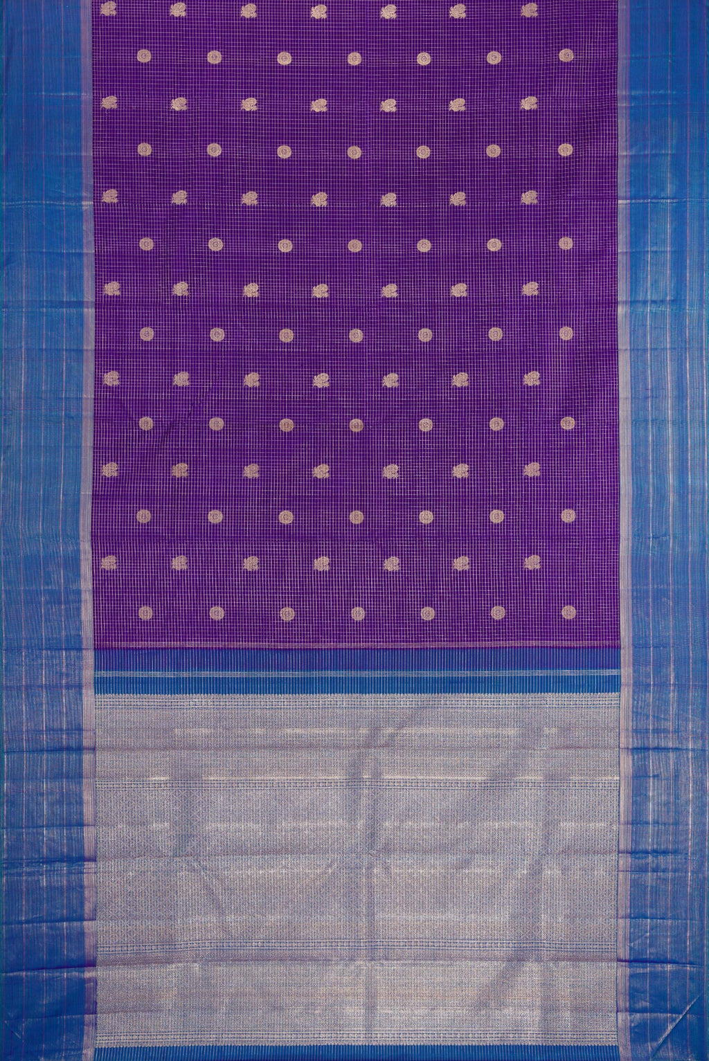 Flat view of Violet Kanjivaram Silk Saree with Stripes on the body and Zari Border. 