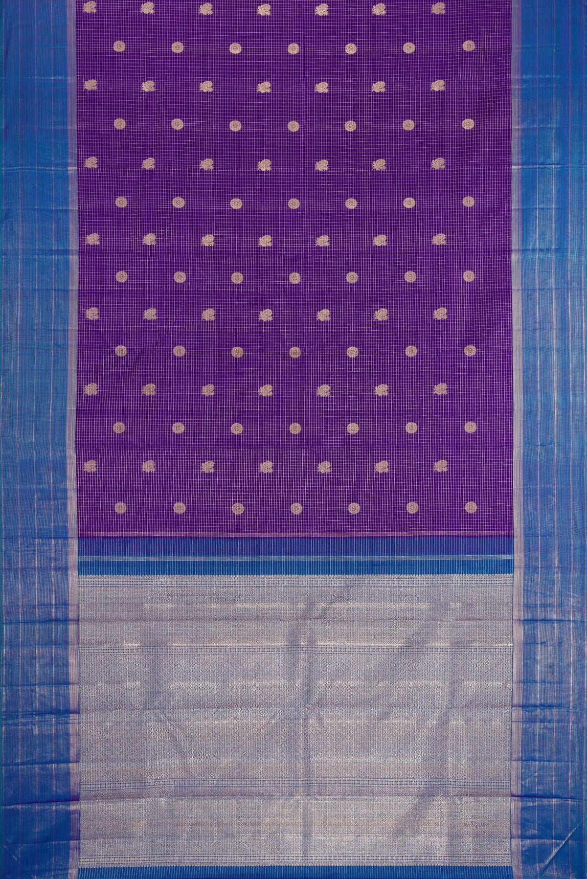 Flat view of Violet Kanjivaram Silk Saree with Stripes on the body and Zari Border. 
