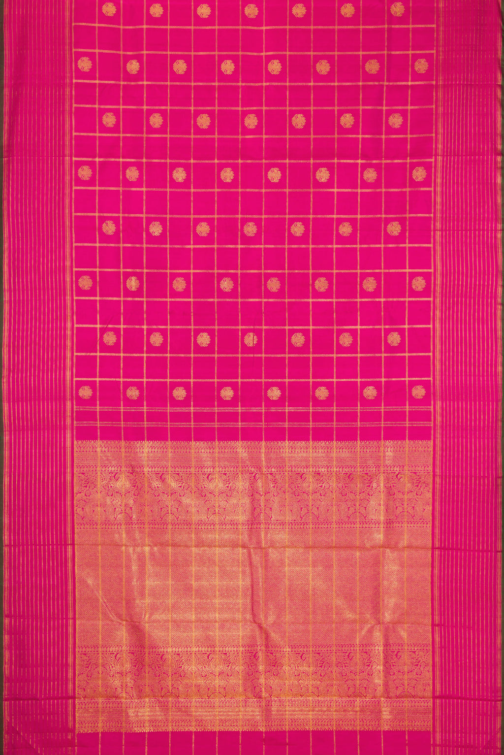 Flat view of Pure Silk Pure Zari Pink Dual Tone Kanjivaram Saree with Checked design on the body and Zari Border. 