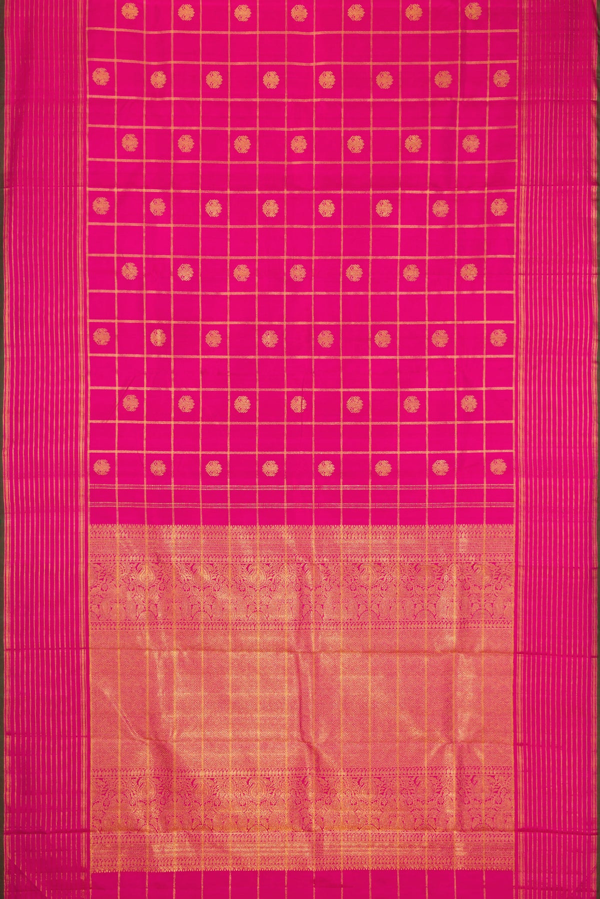 Flat view of Pure Silk Pure Zari Pink Dual Tone Kanjivaram Saree with Checked design on the body and Zari Border. 