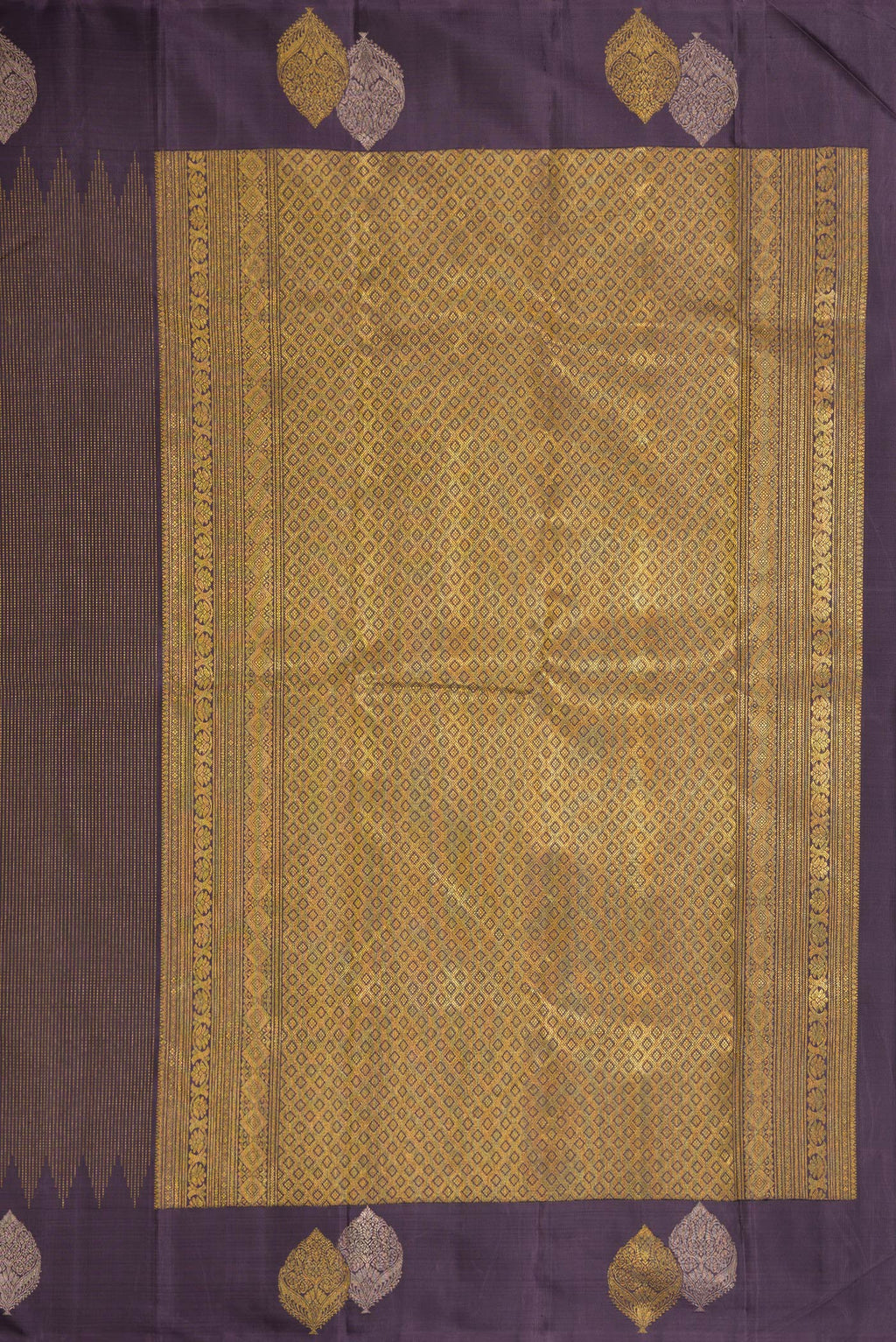 Close up image of the pallu of Navy Blue Dual Tone Kanjivaram Silk Saree with Stripes on the body and Fancy Border. 