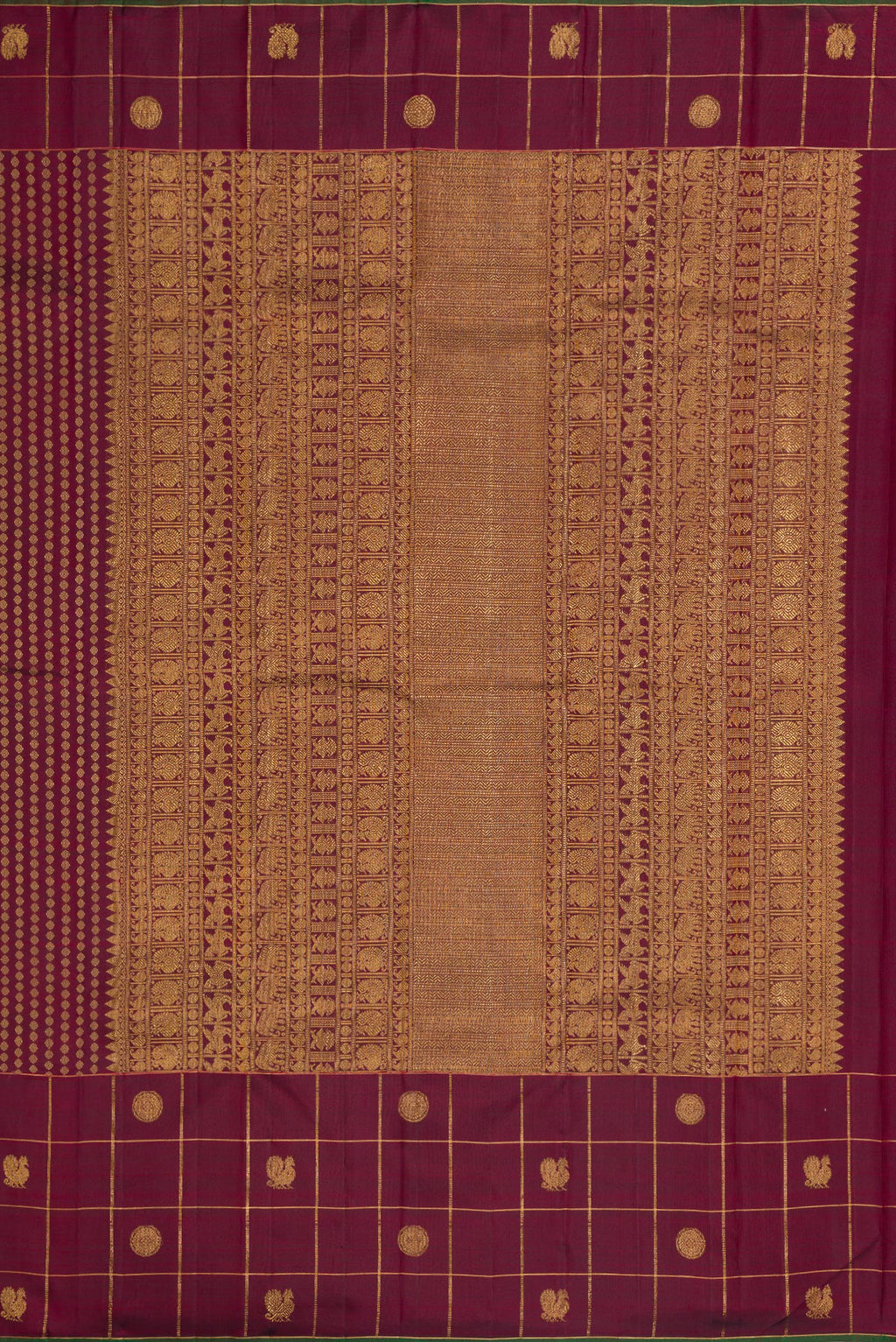 Close up image of the pallu of Burgundy Dual Tone Kanjivaram Silk Saree with Zari Butta on the body and Fancy Border. 