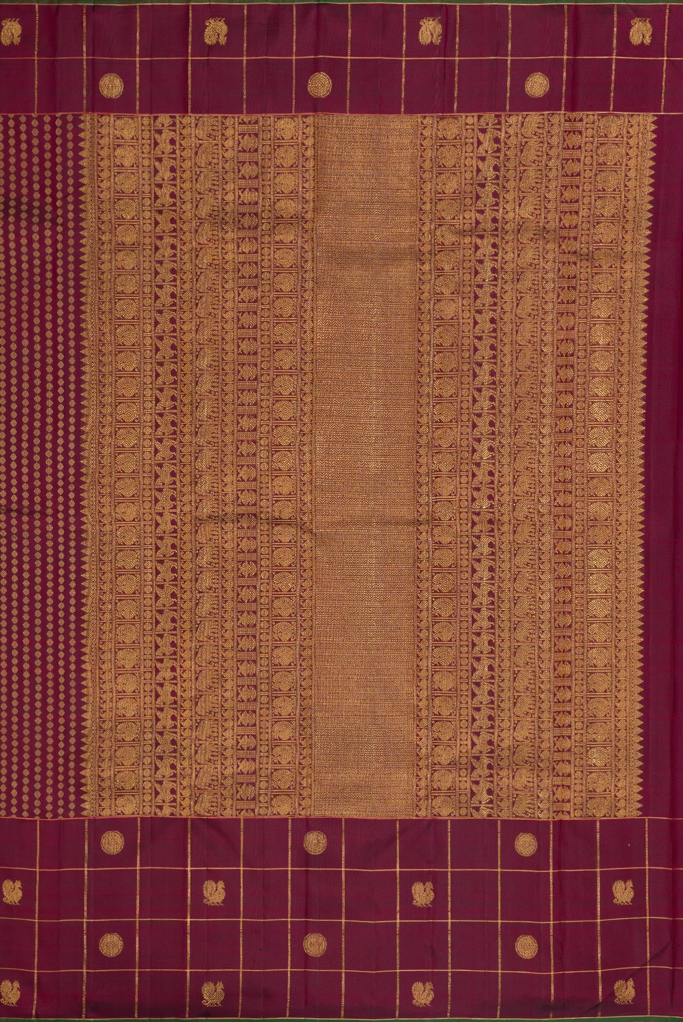 Close up image of the pallu of Burgundy Dual Tone Kanjivaram Silk Saree with Zari Butta on the body and Fancy Border. 