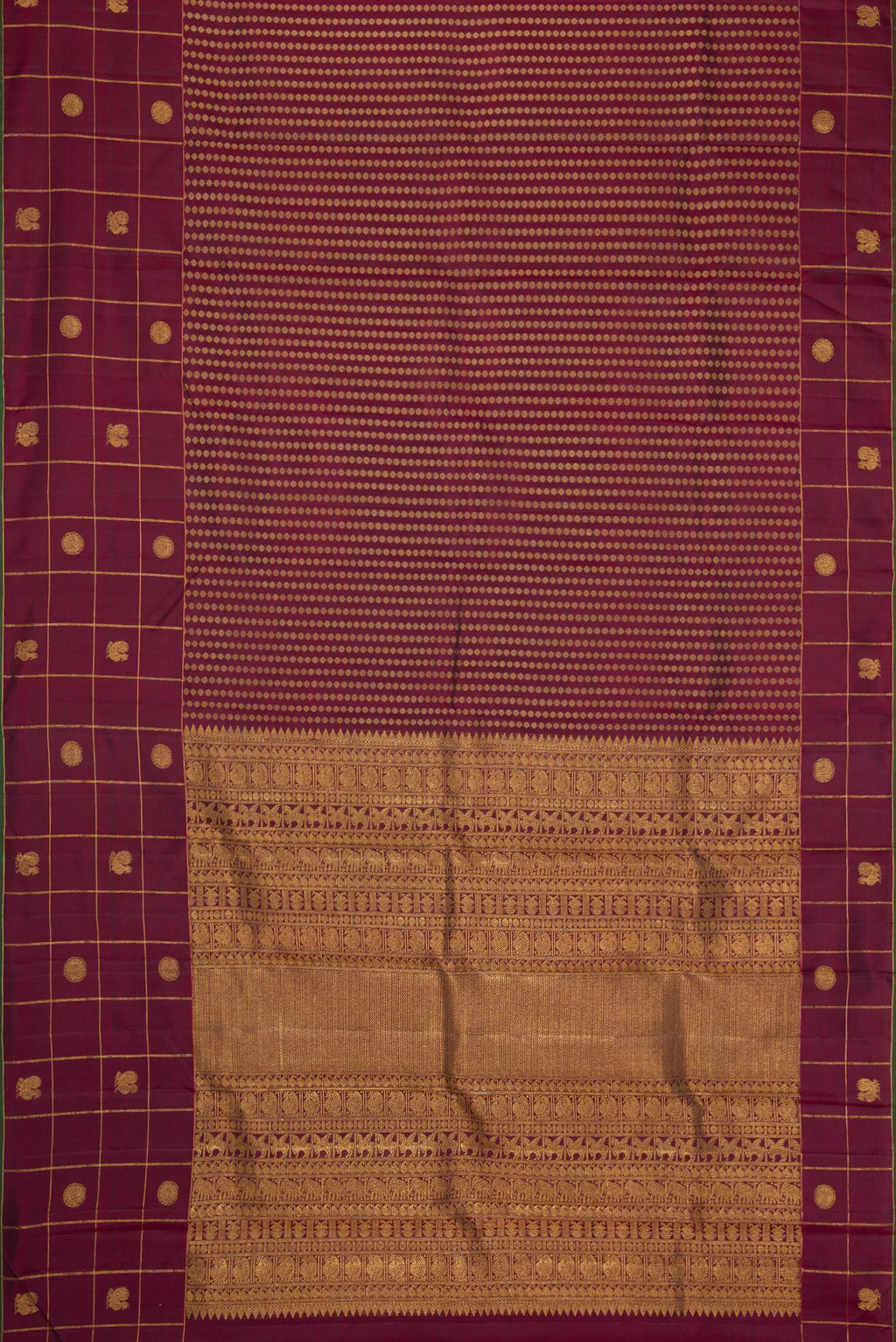 Flat view of Burgundy Dual Tone Kanjivaram Silk Saree with Zari Butta on the body and Fancy Border. 