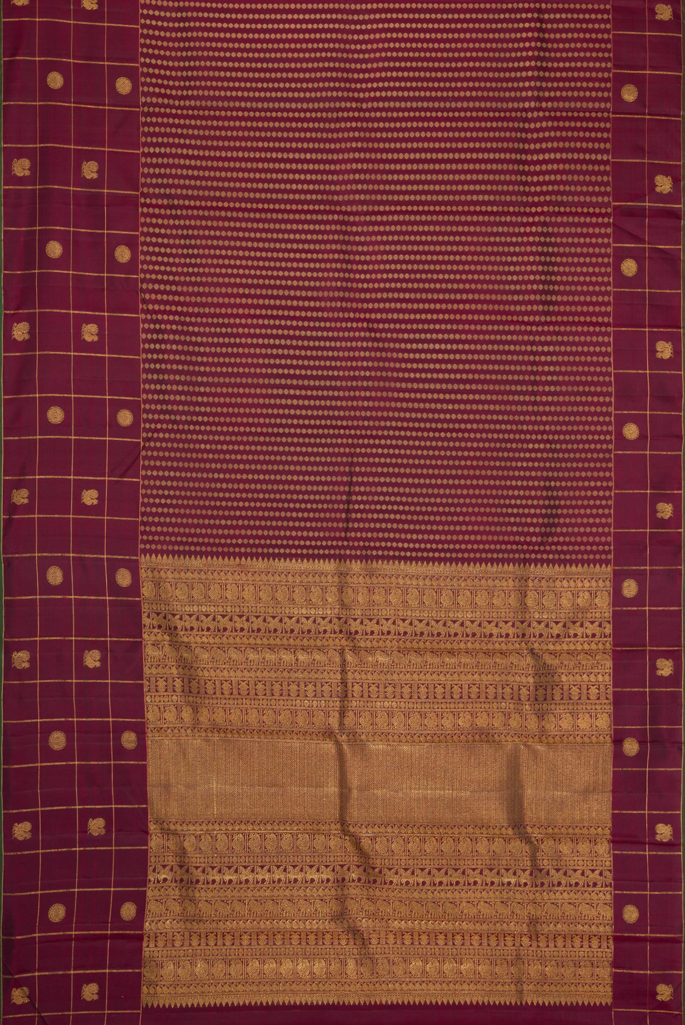 Flat view of Burgundy Dual Tone Kanjivaram Silk Saree with Zari Butta on the body and Fancy Border. 