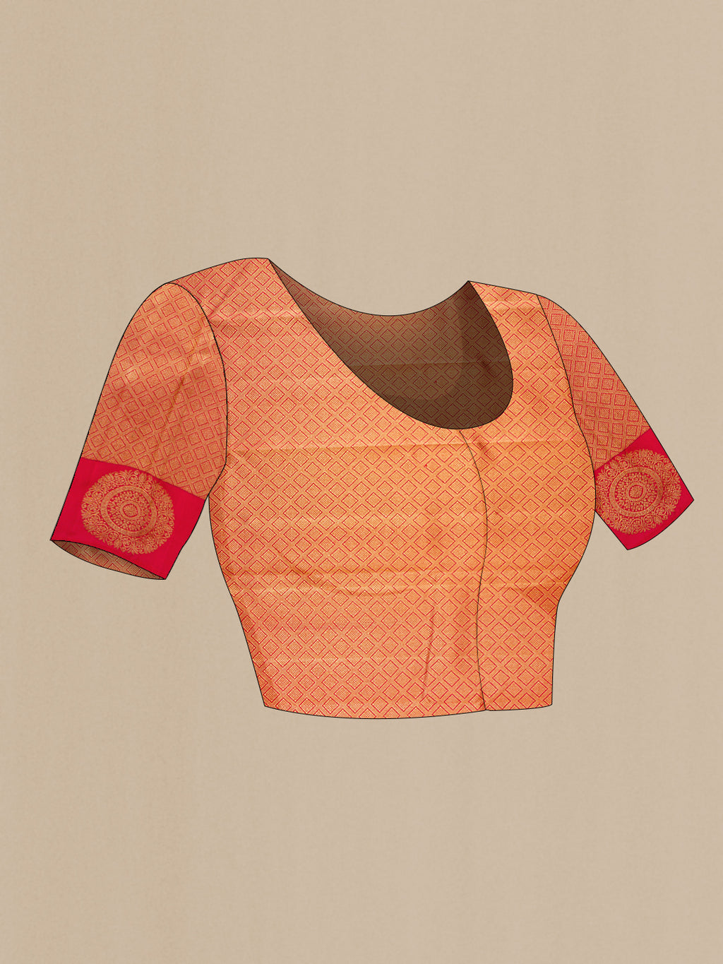 Close up image of the blouse of Red Kanjivaram Silk Saree with Zari Brocade on the body and Fancy Border. 