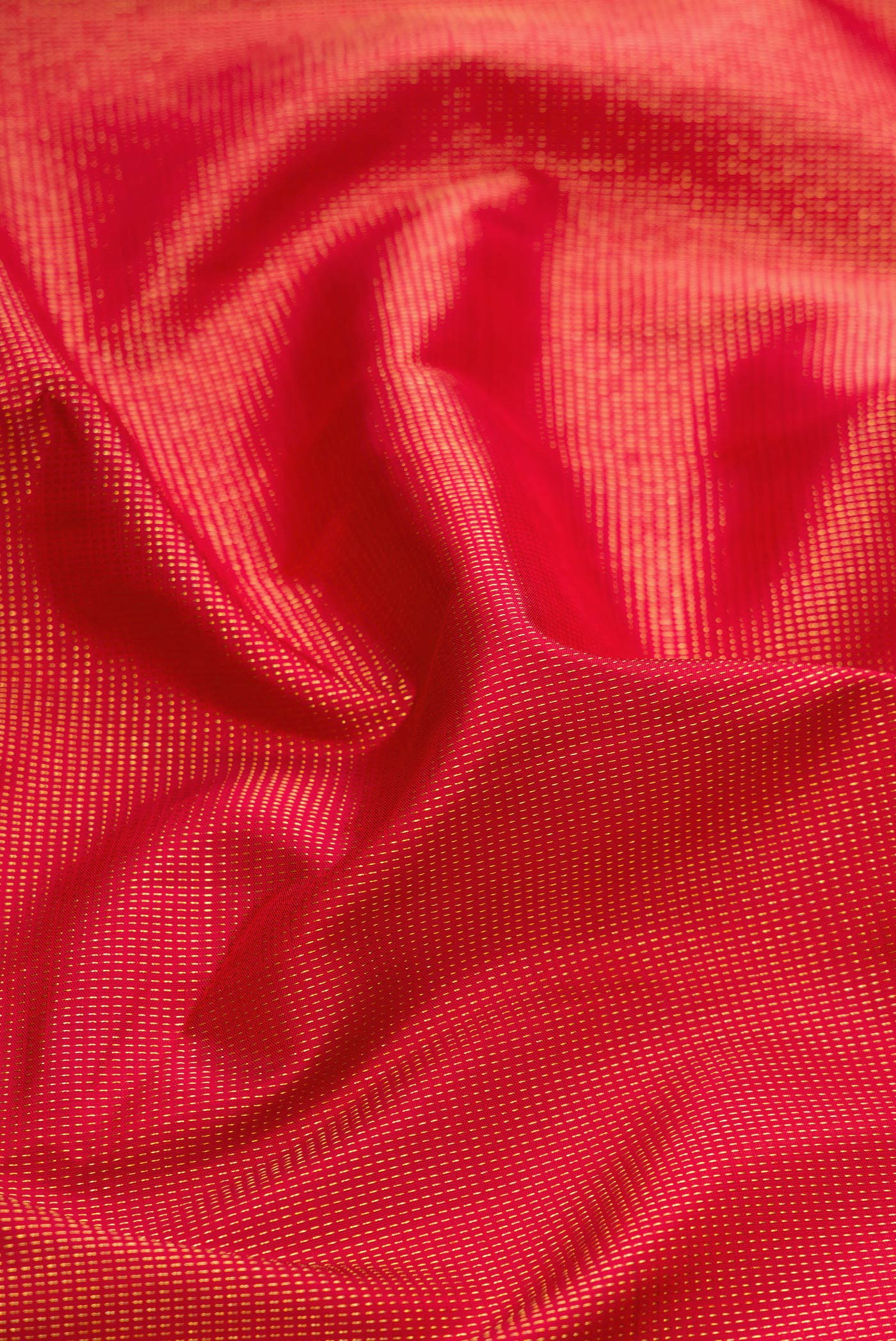 Close up of Red Kanjivaram Silk Saree with Zari Brocade on the body and Fancy Border.  displaying folds