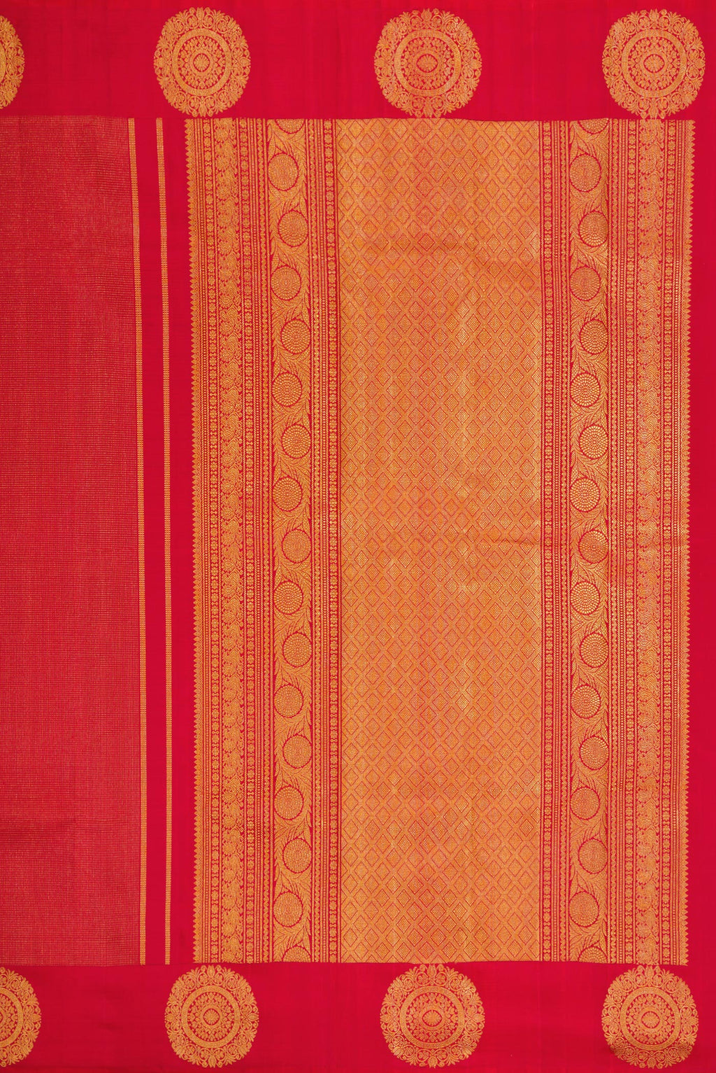 Close up image of the pallu of Red Kanjivaram Silk Saree with Zari Brocade on the body and Fancy Border. 