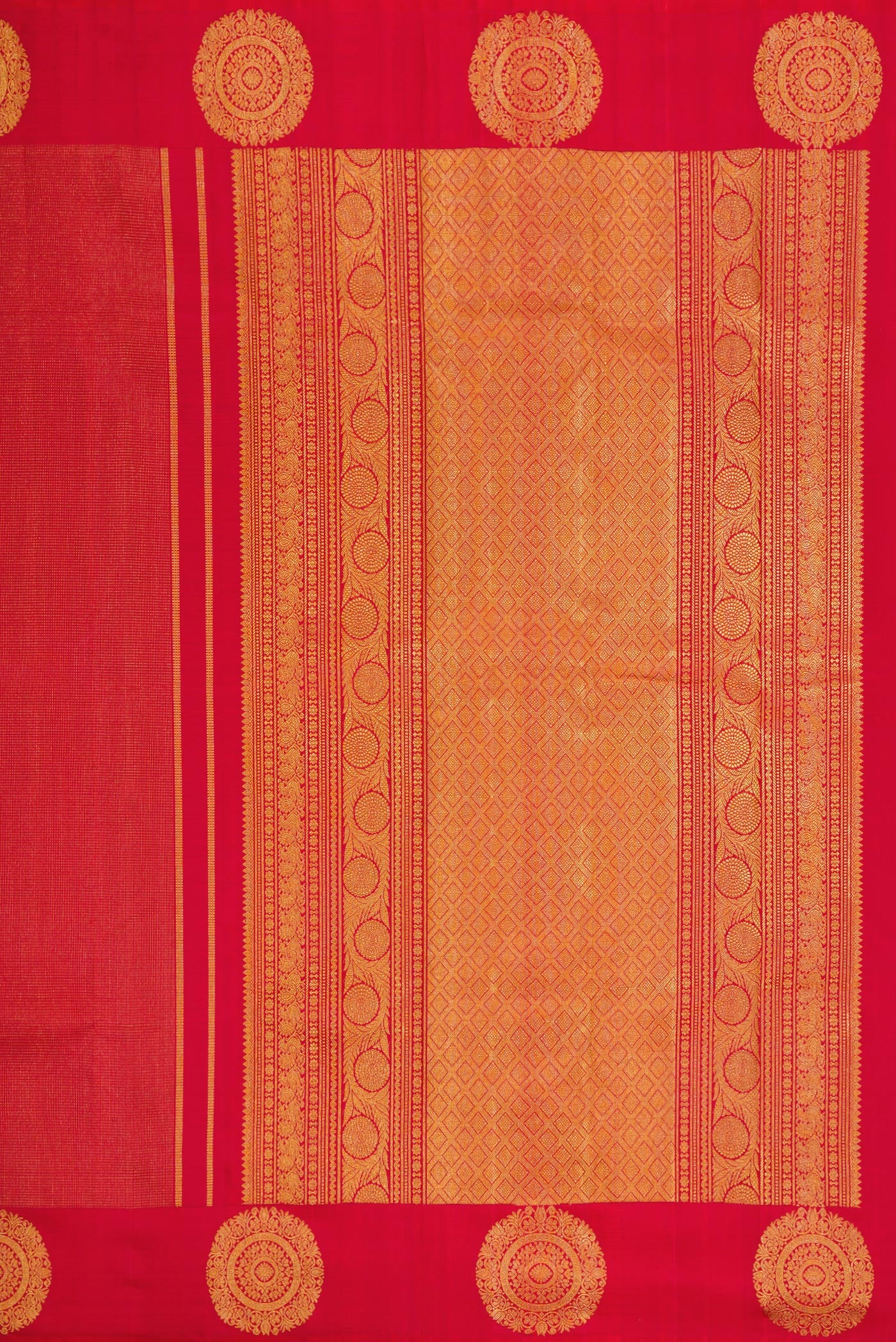 Close up image of the pallu of Red Kanjivaram Silk Saree with Zari Brocade on the body and Fancy Border. 