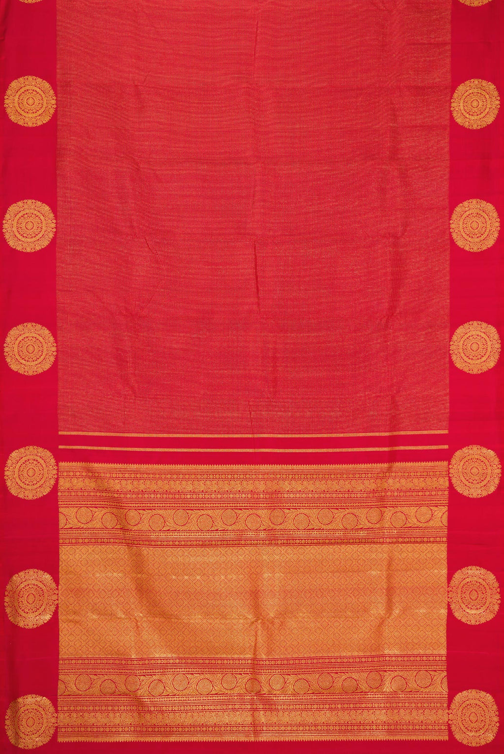 Flat view of Red Kanjivaram Silk Saree with Zari Brocade on the body and Fancy Border. 