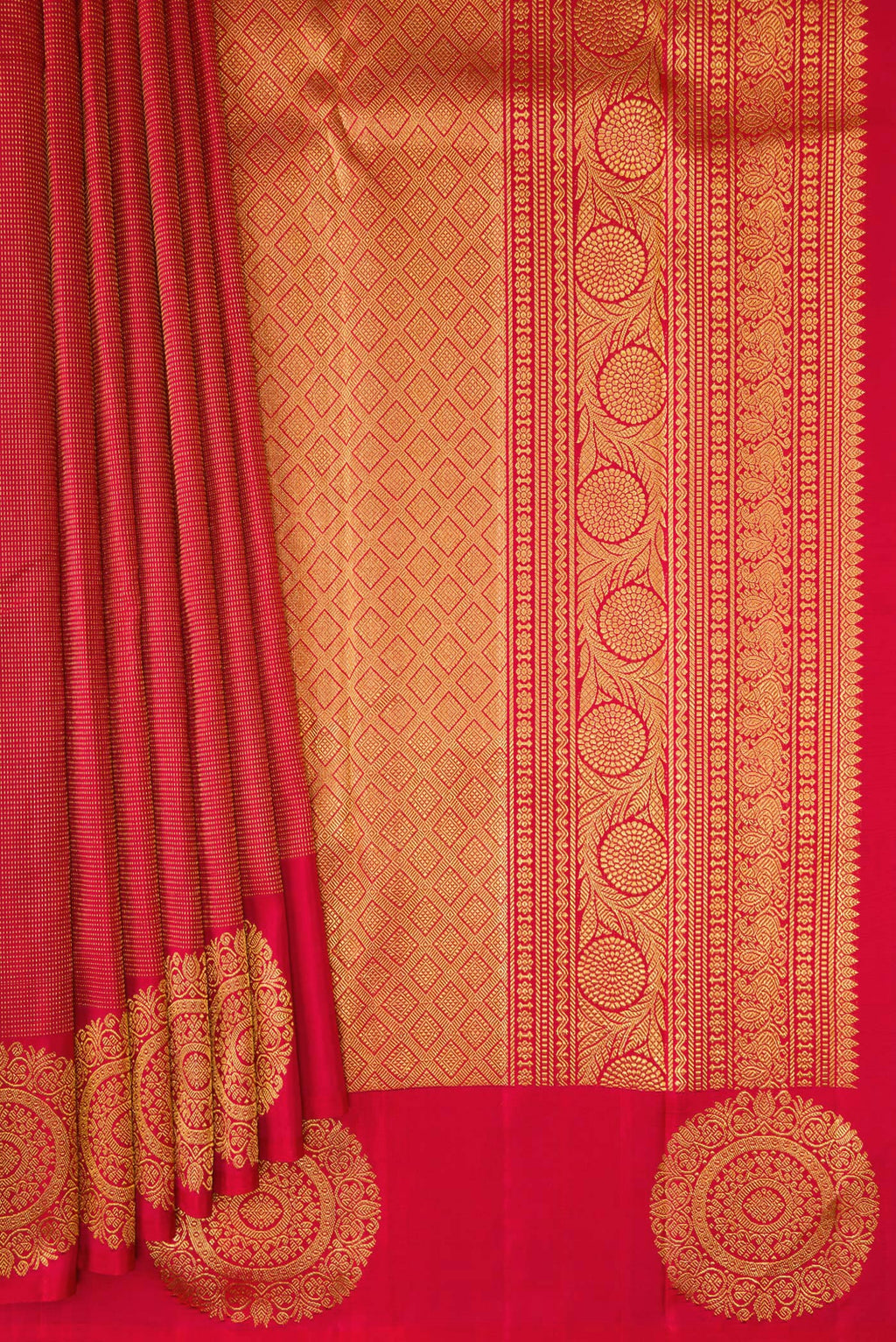 Pleats and pallu of Red Kanjivaram Silk Saree with Zari Brocade on the body and Fancy Border. 