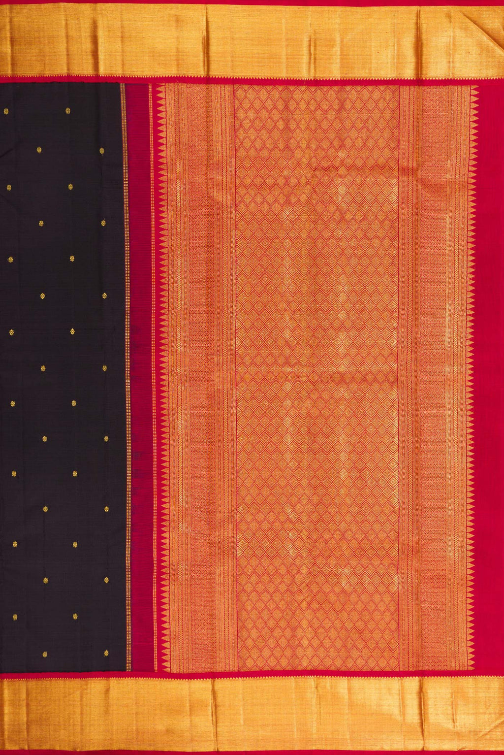 Close up image of the pallu of Pure Silk Pure Zari Black Dual Tone Kanchipuram Saree with Zari Butta on the body and Zari Border. 