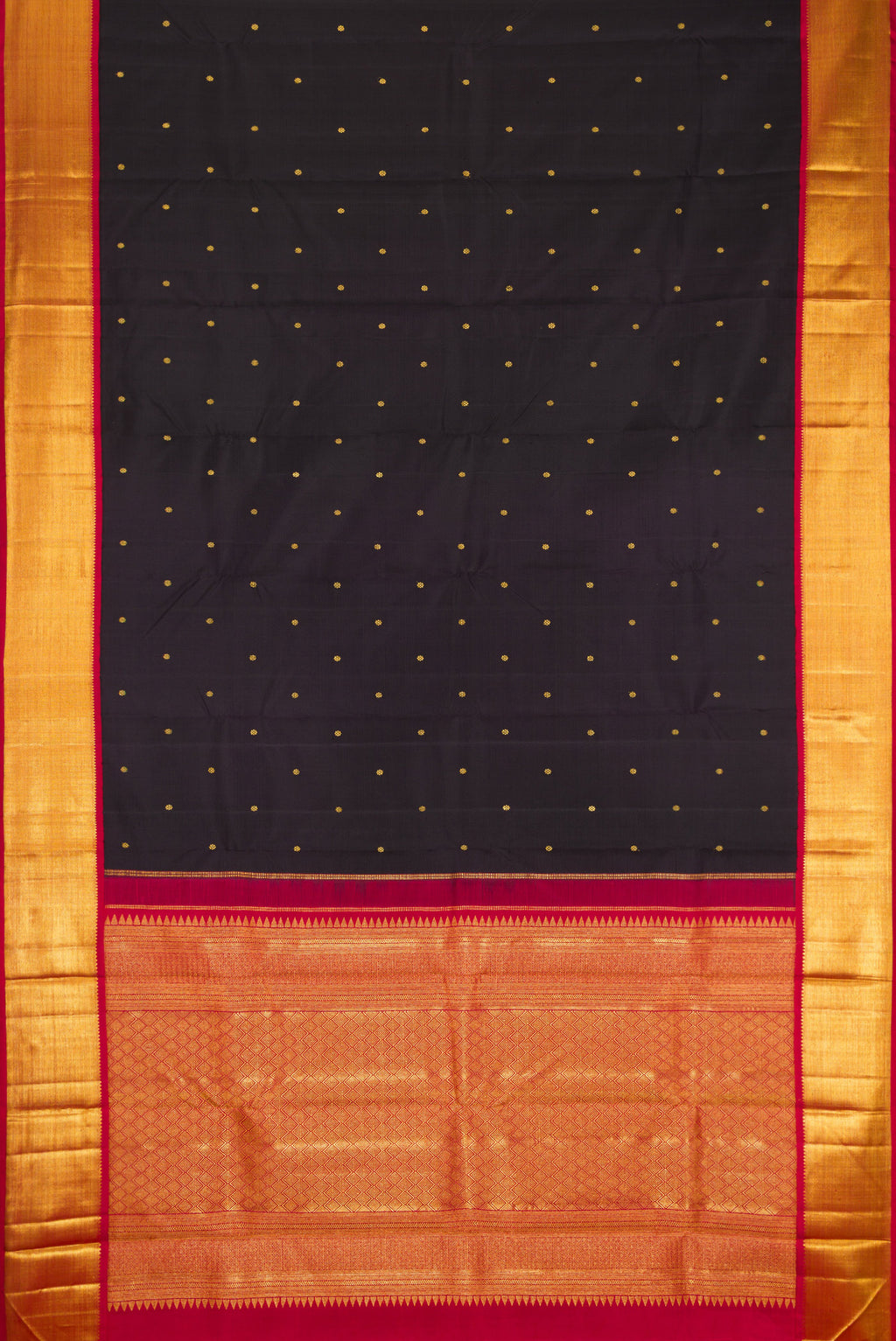 Flat view of Pure Silk Pure Zari Black Dual Tone Kanchipuram Saree with Zari Butta on the body and Zari Border. 