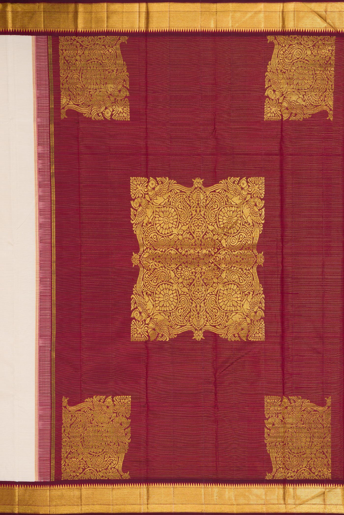 Close up image of the pallu of Pure Silk Pure Zari Off White Dual Tone Kanchipuram Saree with Stripes on the body and Zari Border. 