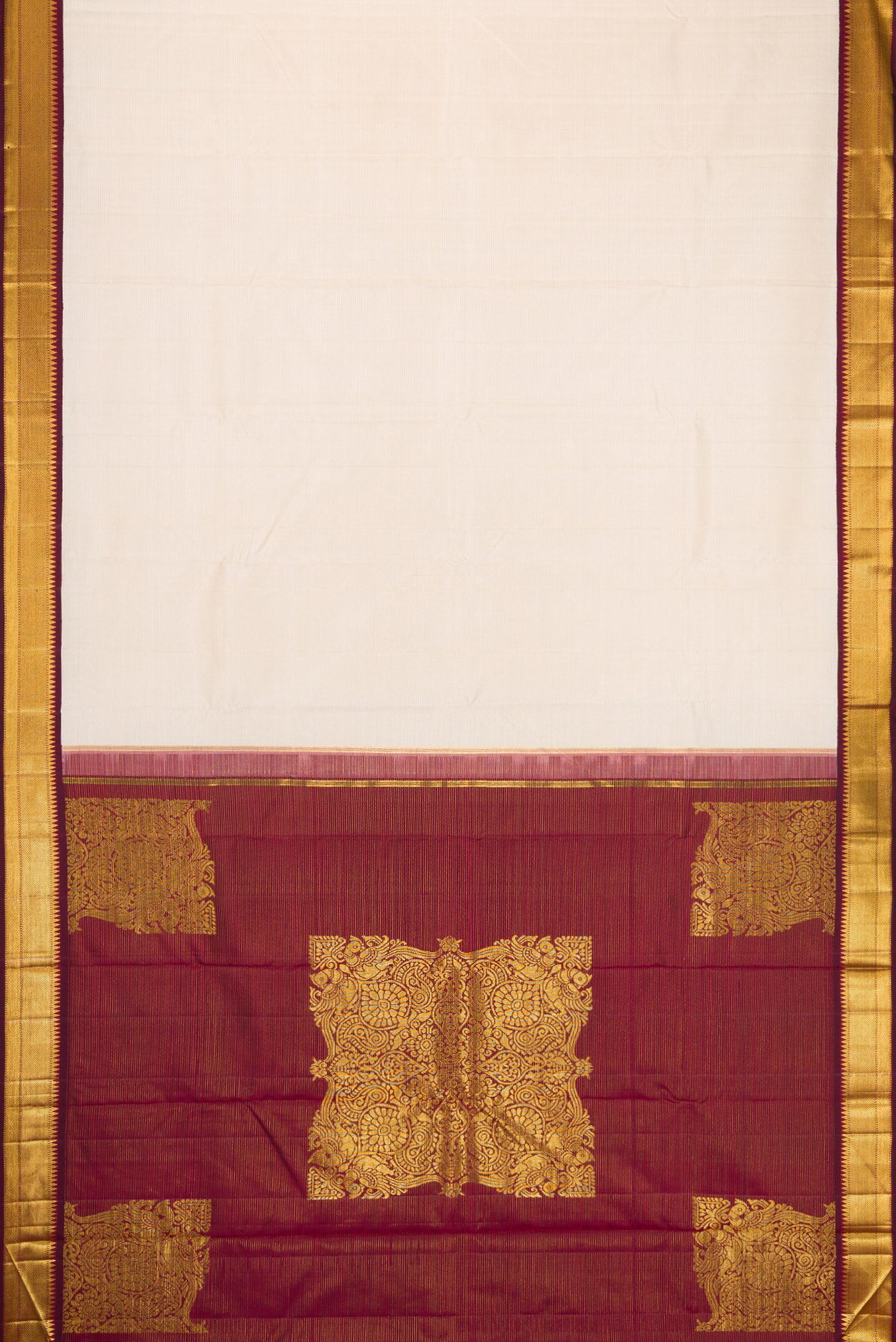 Flat view of Pure Silk Pure Zari Off White Dual Tone Kanchipuram Saree with Stripes on the body and Zari Border. 