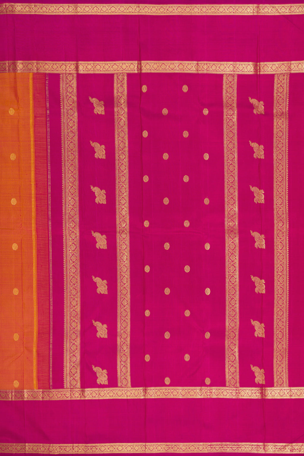 Close up image of the pallu of Pure Silk Pure Zari Brick Orange Dual Tone Kanjivaram Saree with Zari Butta on the body and Zari Border. 