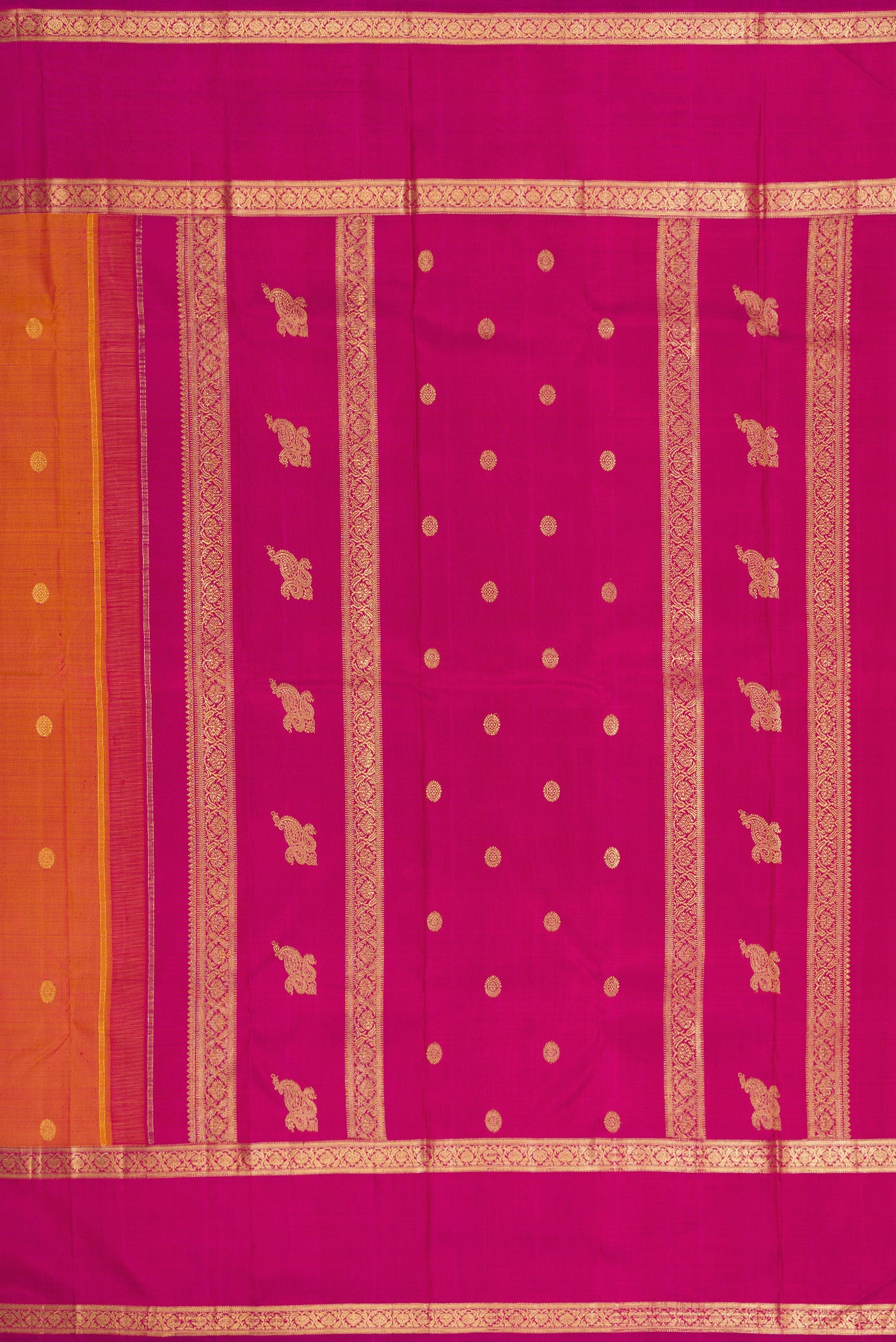 Close up image of the pallu of Pure Silk Pure Zari Brick Orange Dual Tone Kanjivaram Saree with Zari Butta on the body and Zari Border. 