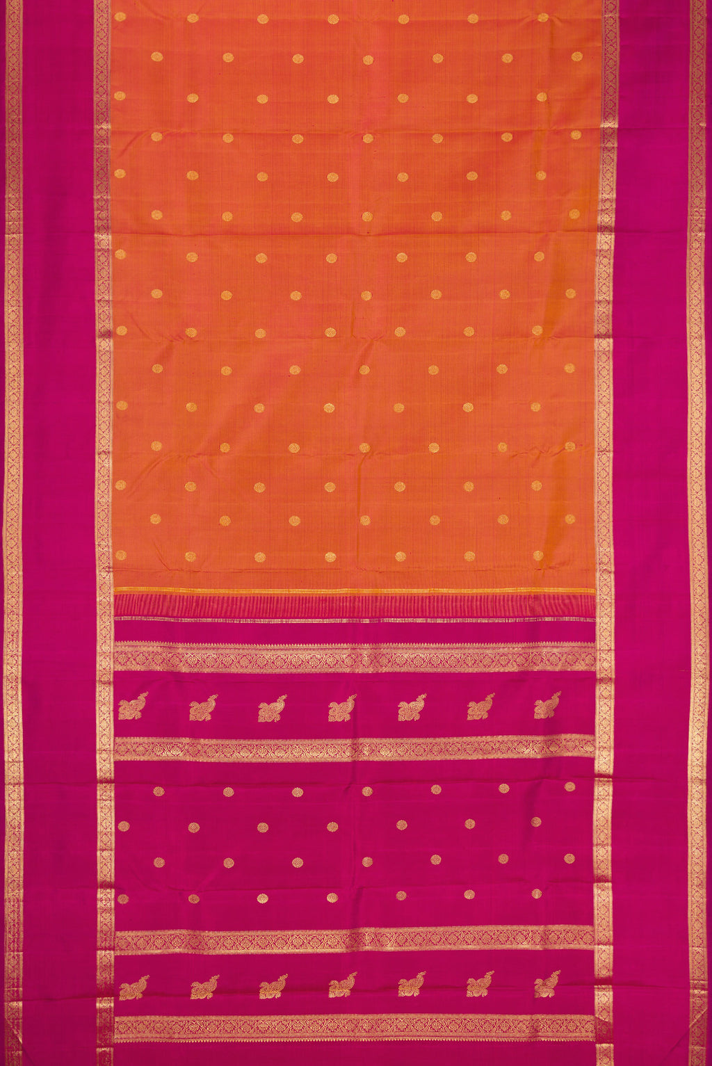 Flat view of Pure Silk Pure Zari Brick Orange Dual Tone Kanjivaram Saree with Zari Butta on the body and Zari Border. 