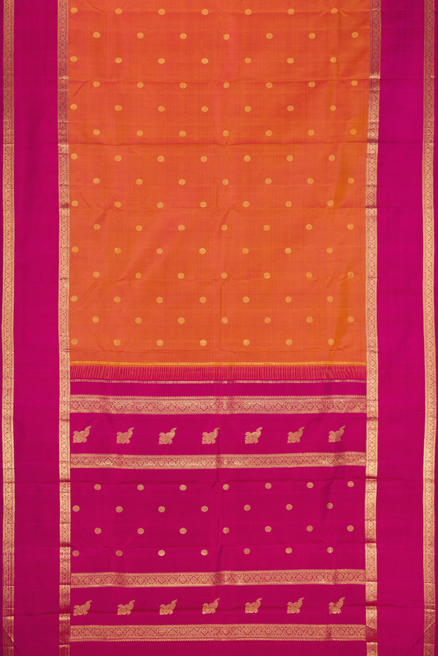 Flat view of Pure Silk Pure Zari Brick Orange Dual Tone Kanjivaram Saree with Zari Butta on the body and Zari Border. 