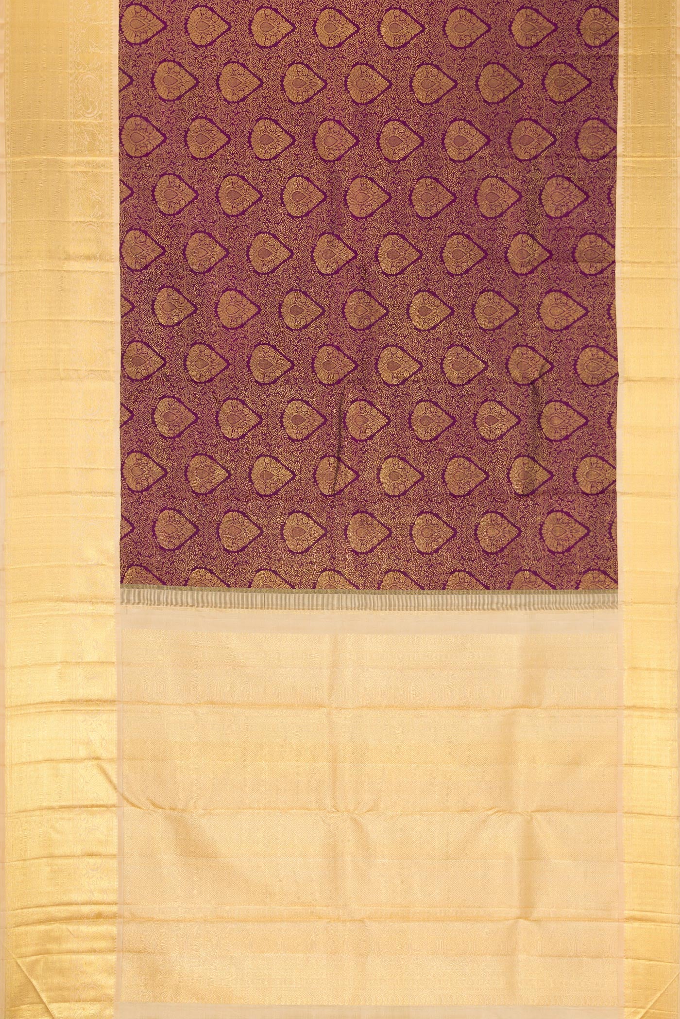 Flat view of Pure Silk Pure Zari Purple Dual Tone Kanjivaram Saree with Zari Brocade on the body and Zari Border. 