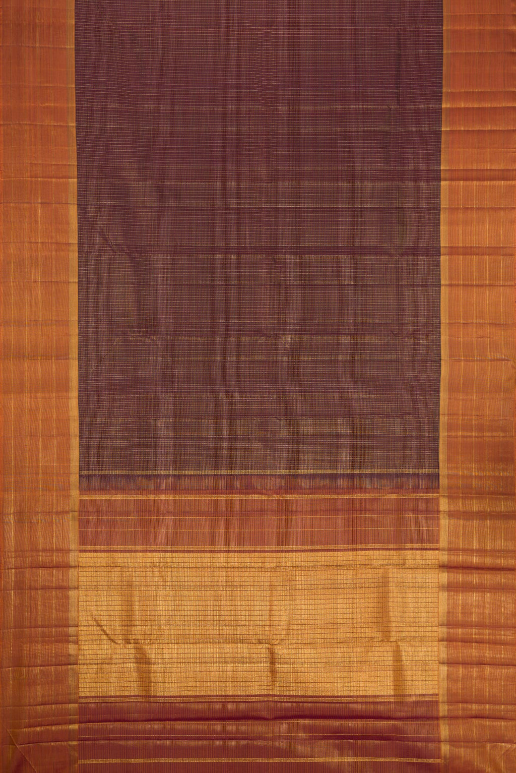 Flat view of Brown Dual Tone Kanjivaram Silk Saree with Checked design on the body and Zari Border. 