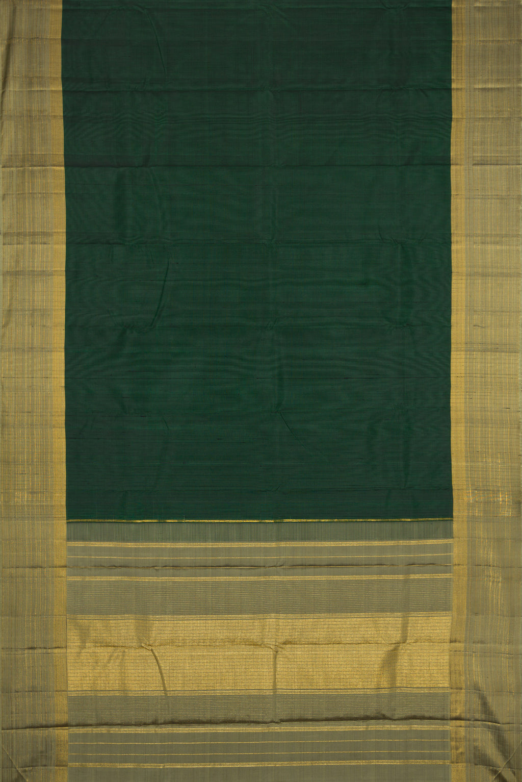 Flat view of Bottle Green Dual Tone Kanjivaram Silk Saree with Plain Body and Zari Border. 