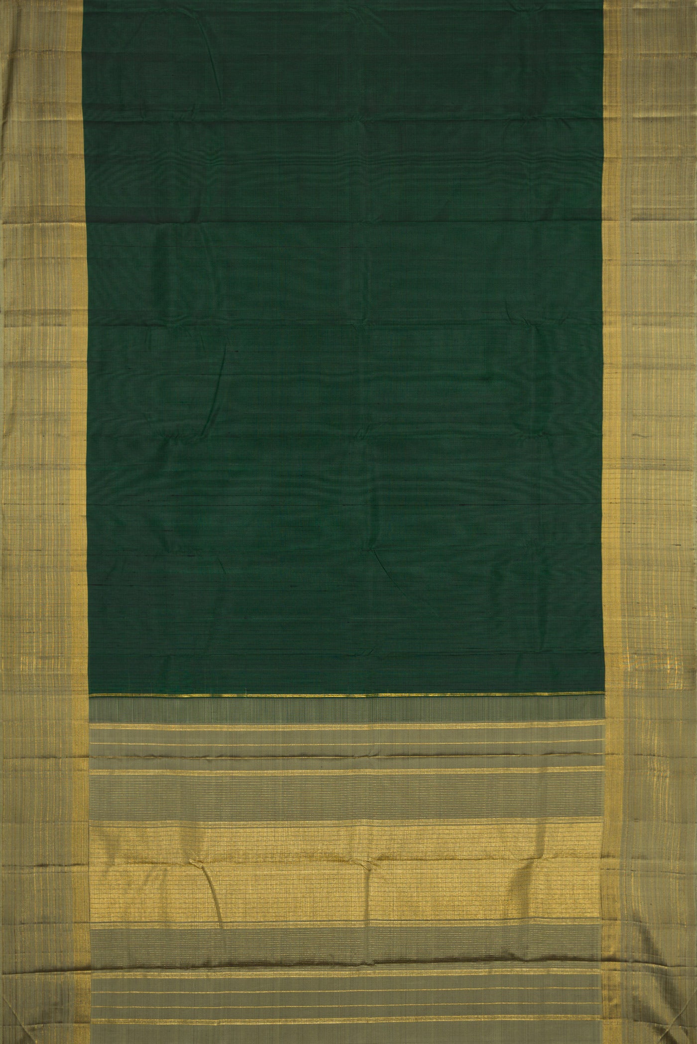 Flat view of Bottle Green Dual Tone Kanjivaram Silk Saree with Plain Body and Zari Border. 