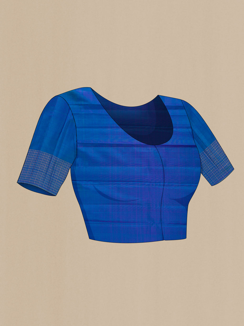 Close up image of the blouse of Royal Blue Kanjivaram Silk Saree with Stripes on the body and Checks Border. 