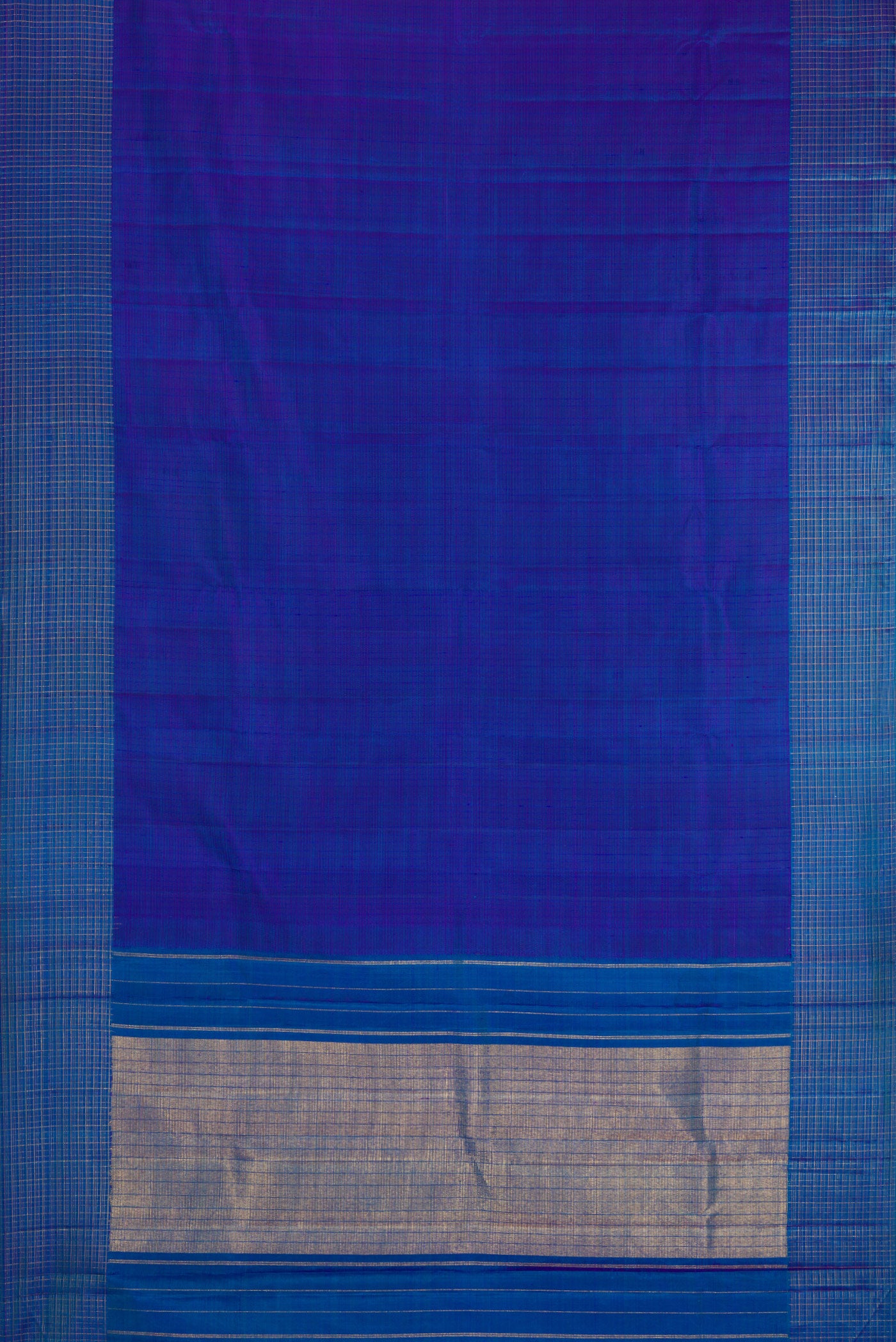 Flat view of Royal Blue Kanjivaram Silk Saree with Stripes on the body and Checks Border. 