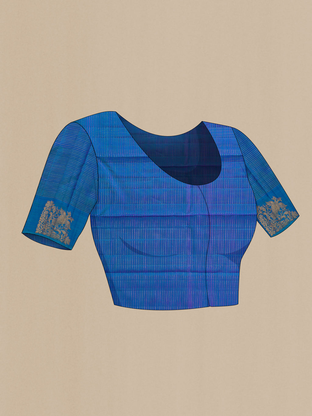 Close up image of the blouse of Violet Dual Tone Kanjivaram Silk Saree with Checked design on the body and Fancy Border. 
