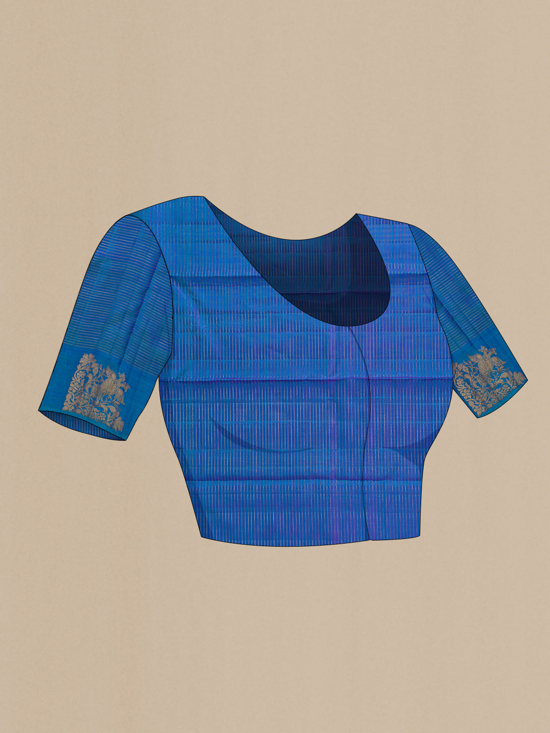Close up image of the blouse of Violet Dual Tone Kanjivaram Silk Saree with Checked design on the body and Fancy Border. 