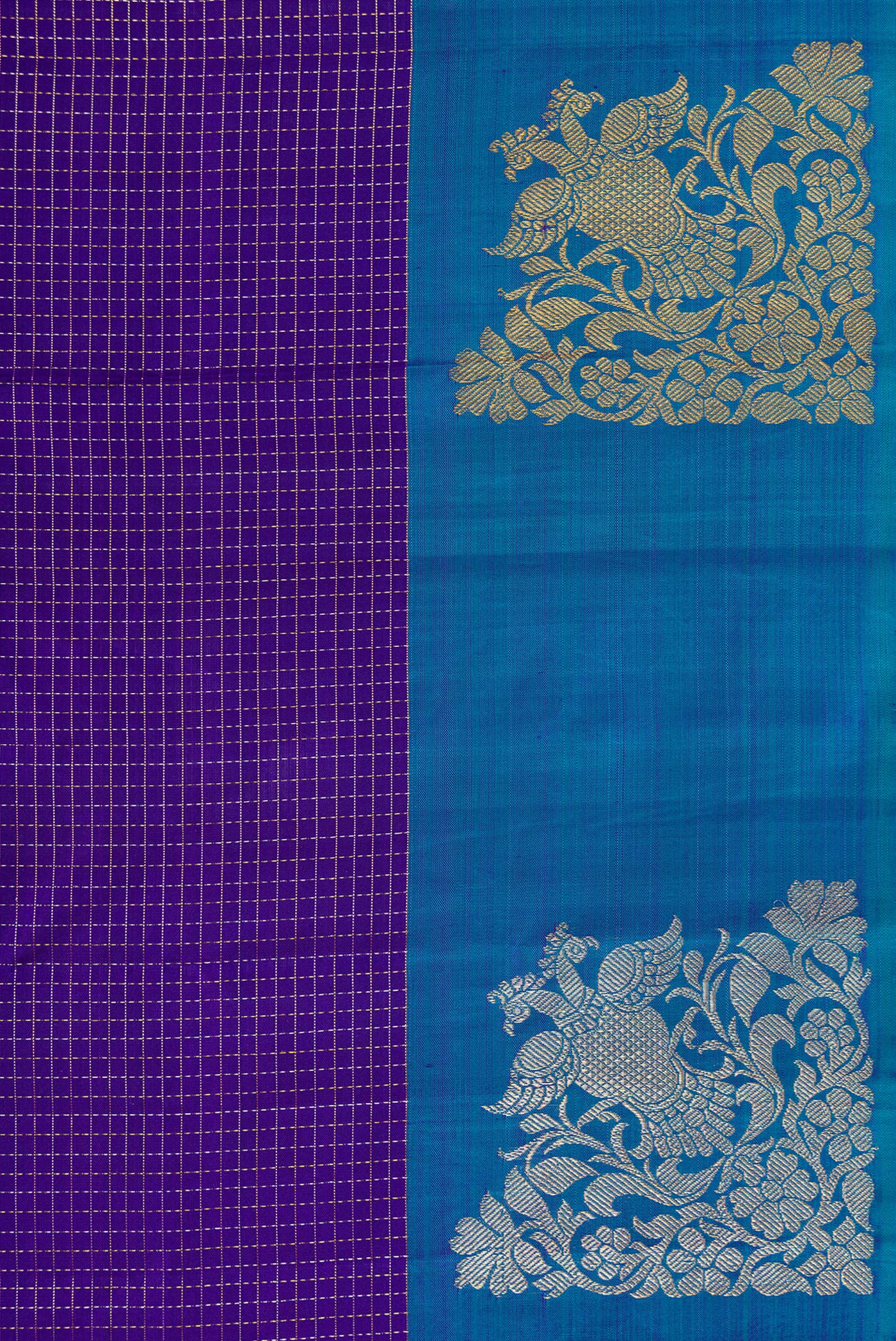 Border image of Violet Dual Tone Kanjivaram Silk Saree with Checked design on the body and Fancy Border. 