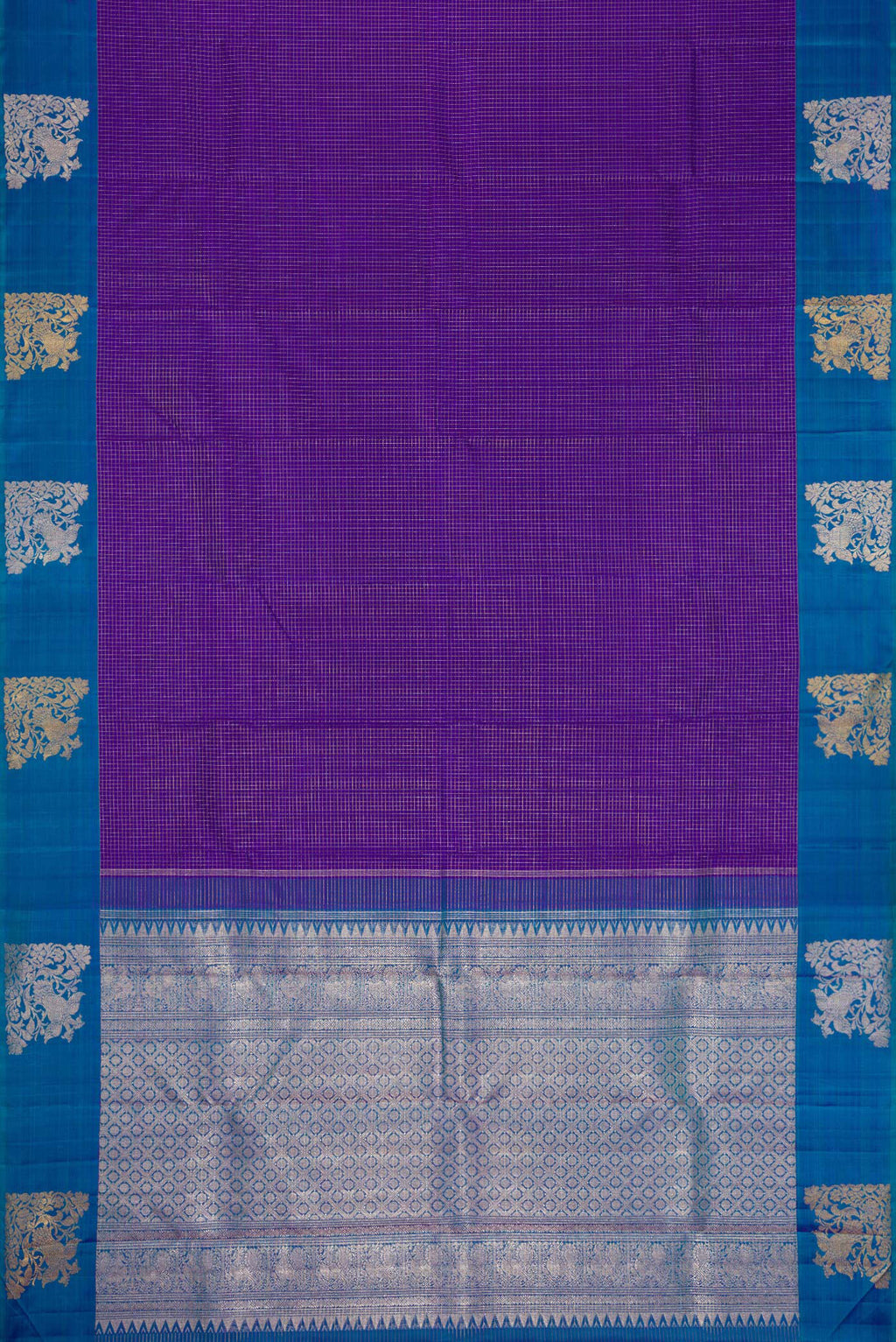 Flat view of Violet Dual Tone Kanjivaram Silk Saree with Checked design on the body and Fancy Border. 