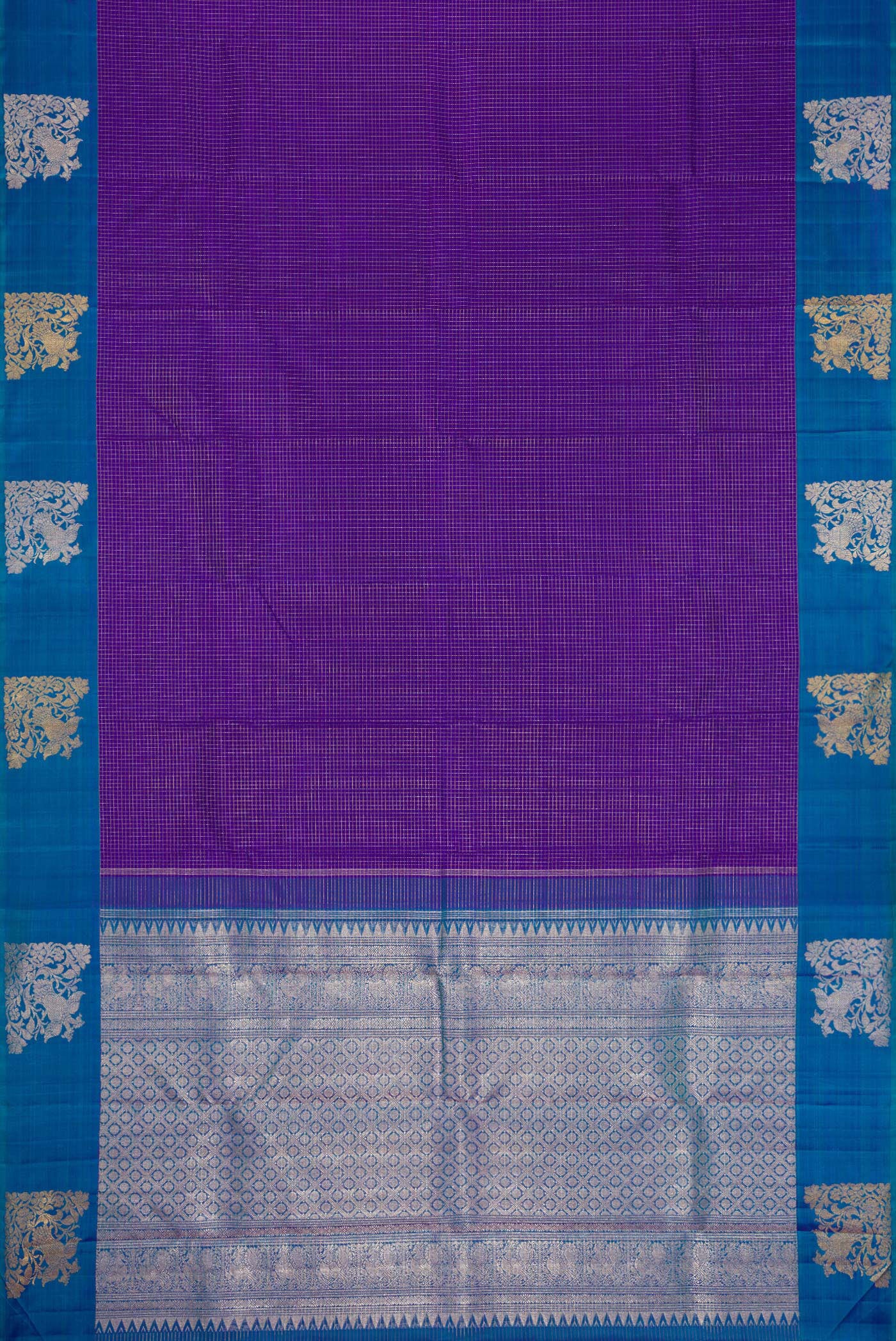 Flat view of Violet Dual Tone Kanjivaram Silk Saree with Checked design on the body and Fancy Border. 