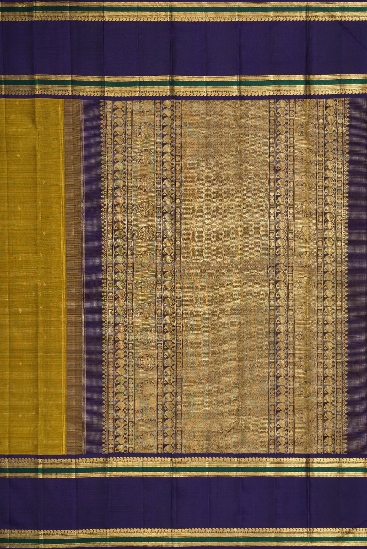 Close up image of the pallu of Mehandi Green Dual Tone Kanjivaram Silk Saree with Stripes on the body and Zari Border. 