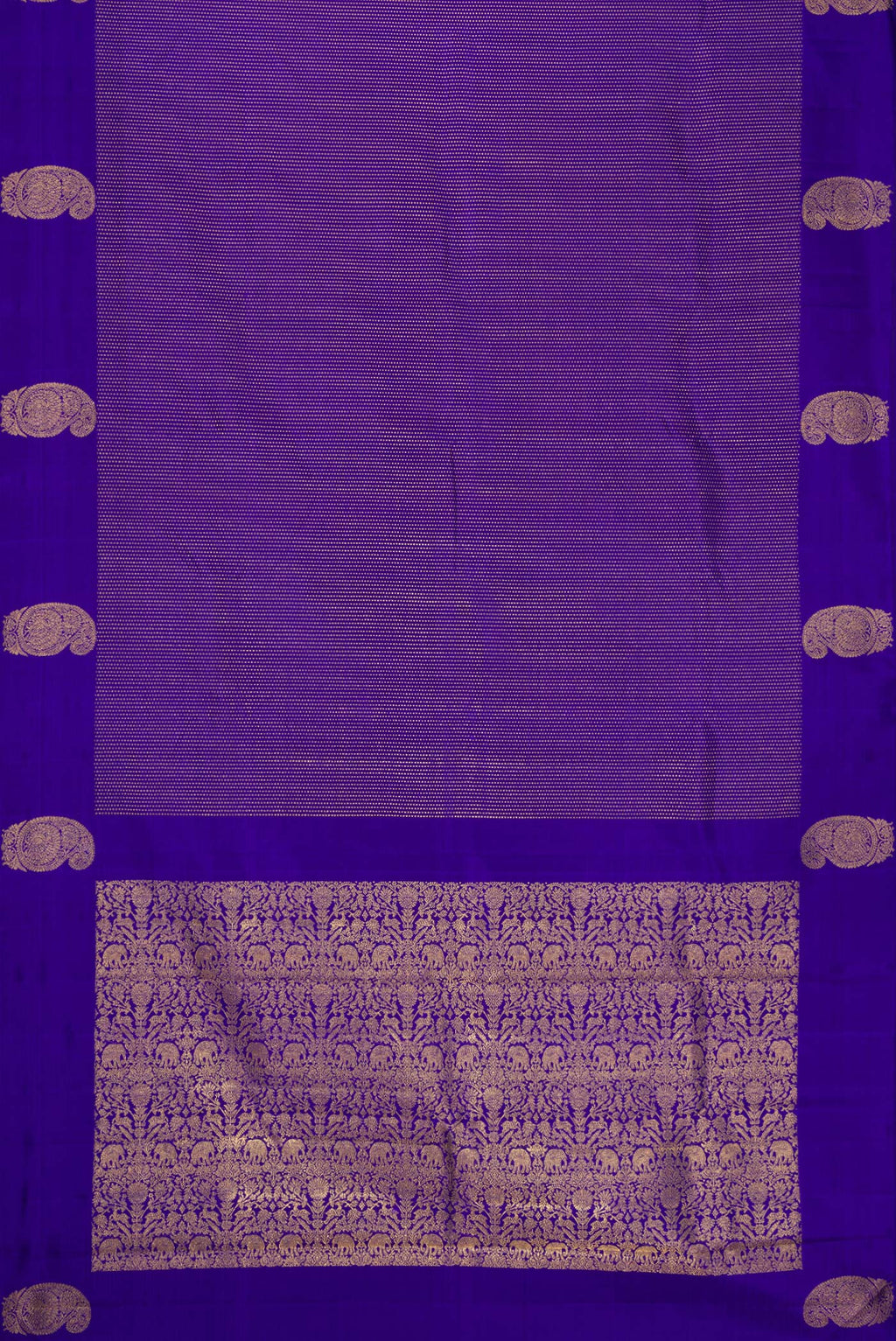 Flat view of Royal Blue Dual Tone Kanjivaram Silk Saree with Stripes on the body and Fancy Border. 